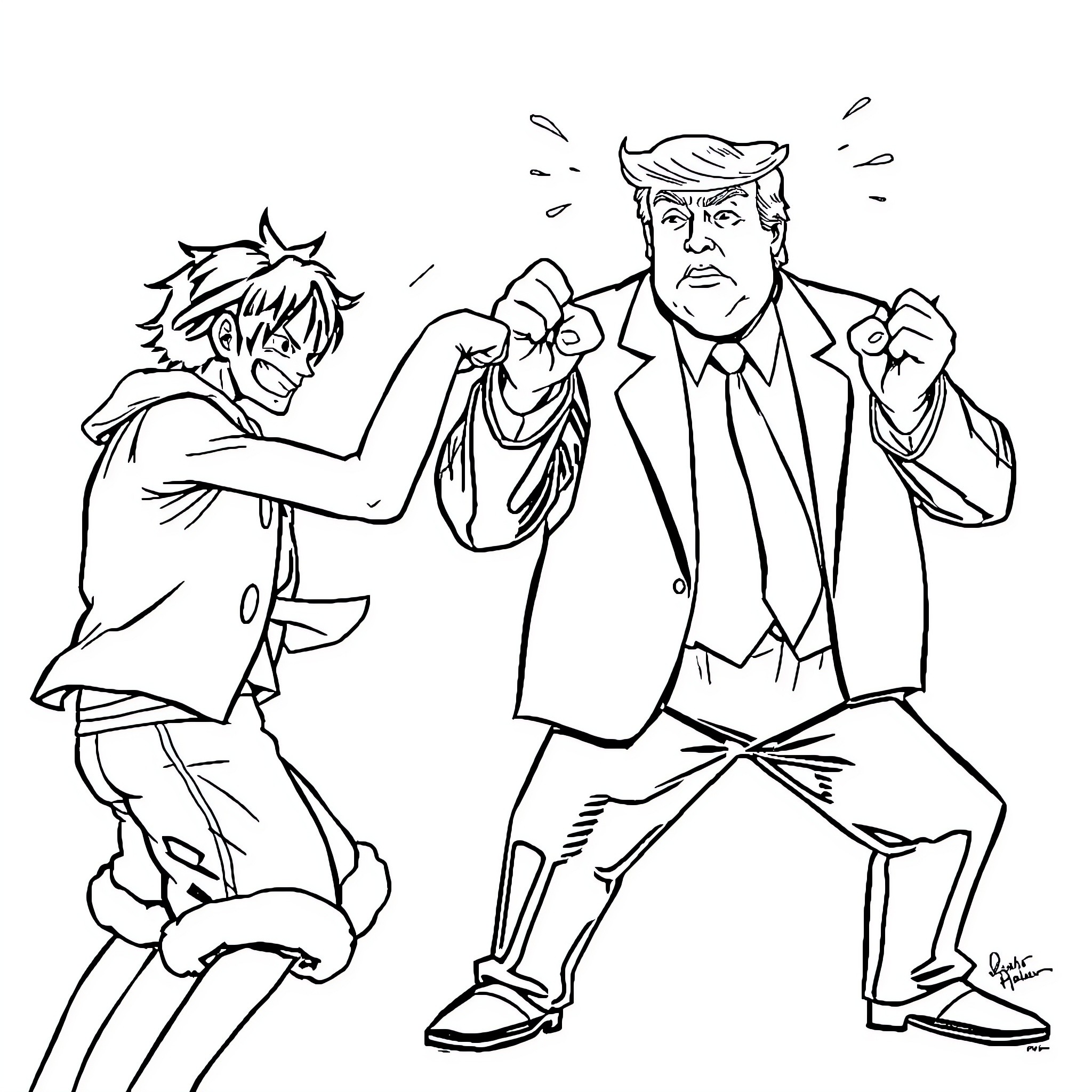 Luffy facing off with a powerful foe in formal attire Coloring Page (free black-and-white line drawing printable PDF for all, from beginners to advanced learners, including children, teens, adults, and seniors)