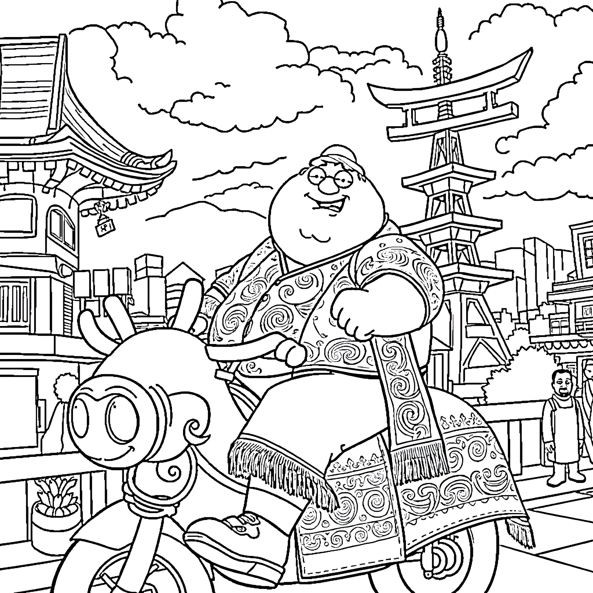 Peter Griffin's Japanesque Adventure Coloring Page (free black-and-white line drawing printable PDF for all, from beginners to advanced learners, including children, teens, adults, and seniors)