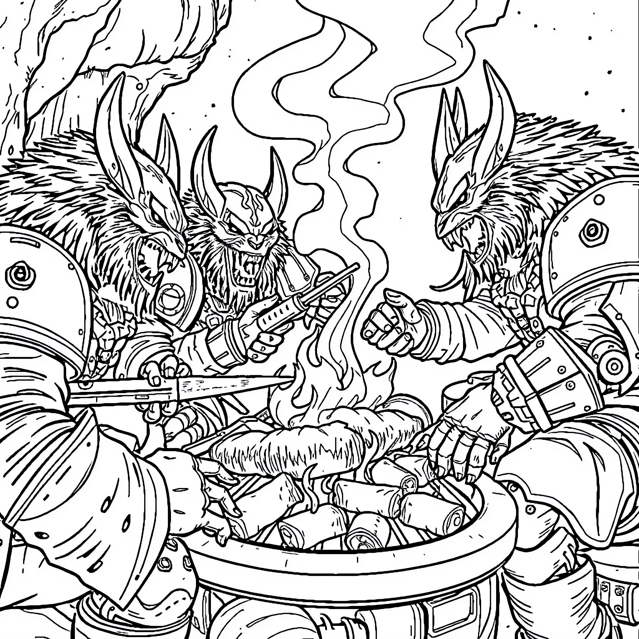 Warhammer warriors engaged in fierce battle Coloring Page (free black-and-white line drawing printable PDF for all, from beginners to advanced learners, including children, teens, adults, and seniors)