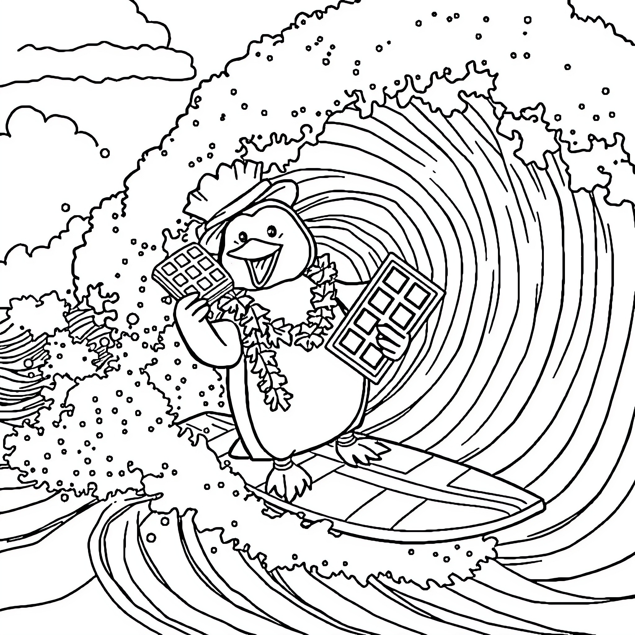 Penguin surfing the waves Coloring Page (free black-and-white line drawing printable PDF for all, from beginners to advanced learners, including children, teens, adults, and seniors)