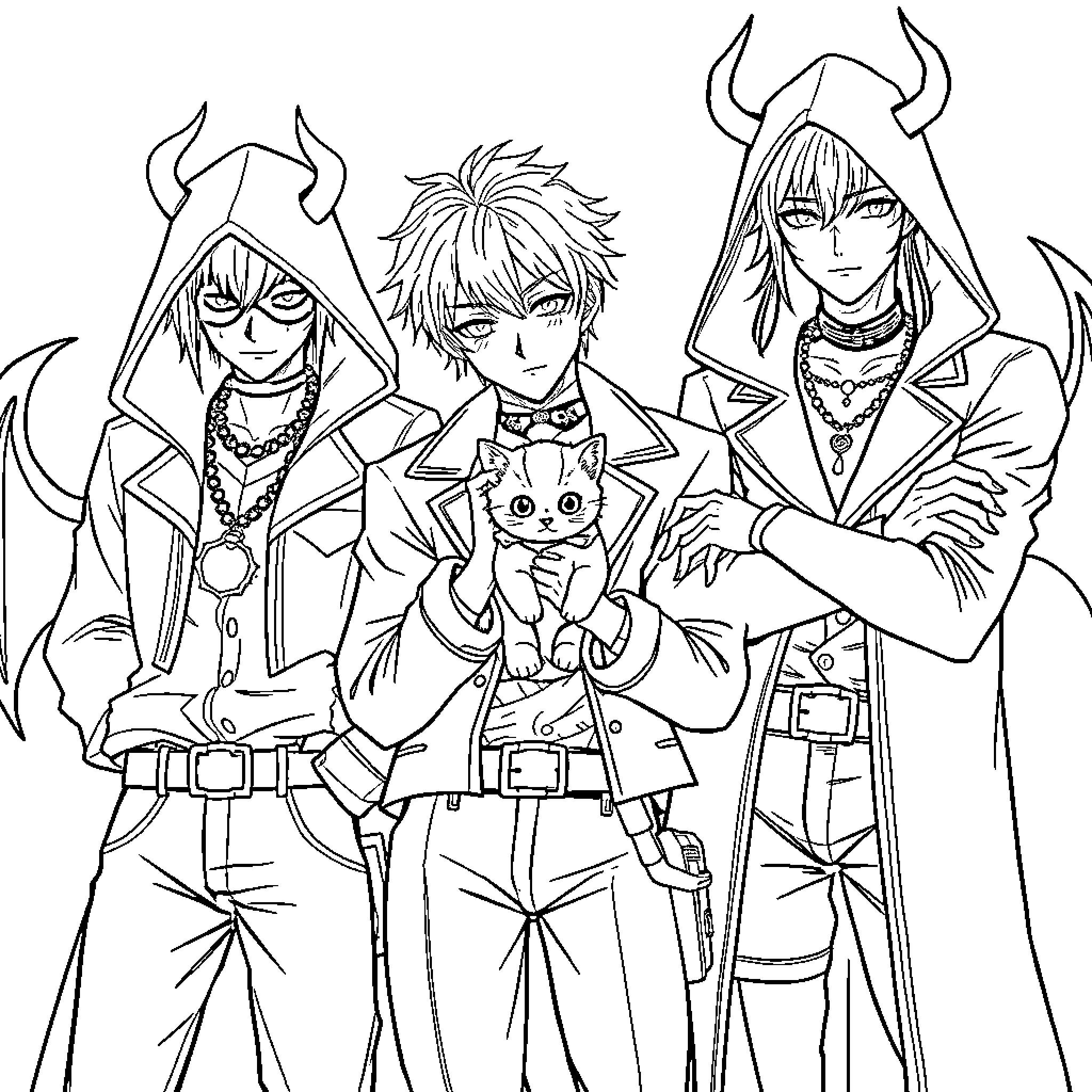 Saja Devilish Trio with Feline Friend Coloring Page (free black-and-white line drawing printable PDF for all, from beginners to advanced learners, including children, teens, adults, and seniors)