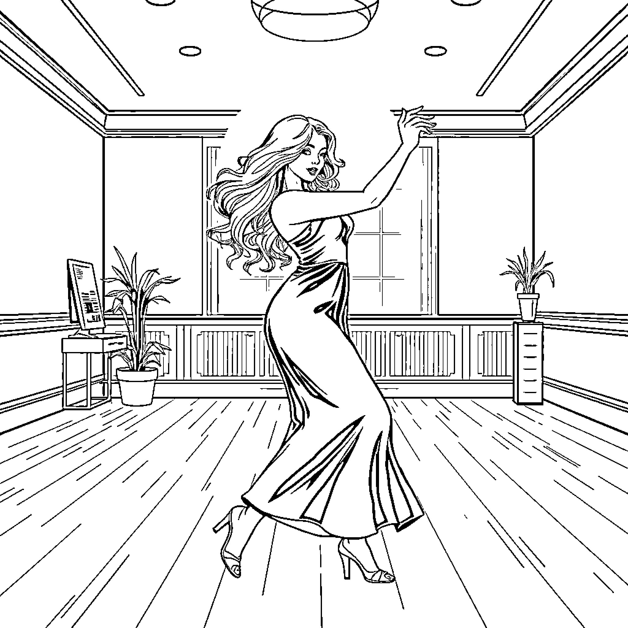 Ayla dancing elegantly in a luxurious indoor setting Coloring Page (free black-and-white line drawing printable PDF for all, from beginners to advanced learners, including children, teens, adults, and seniors)