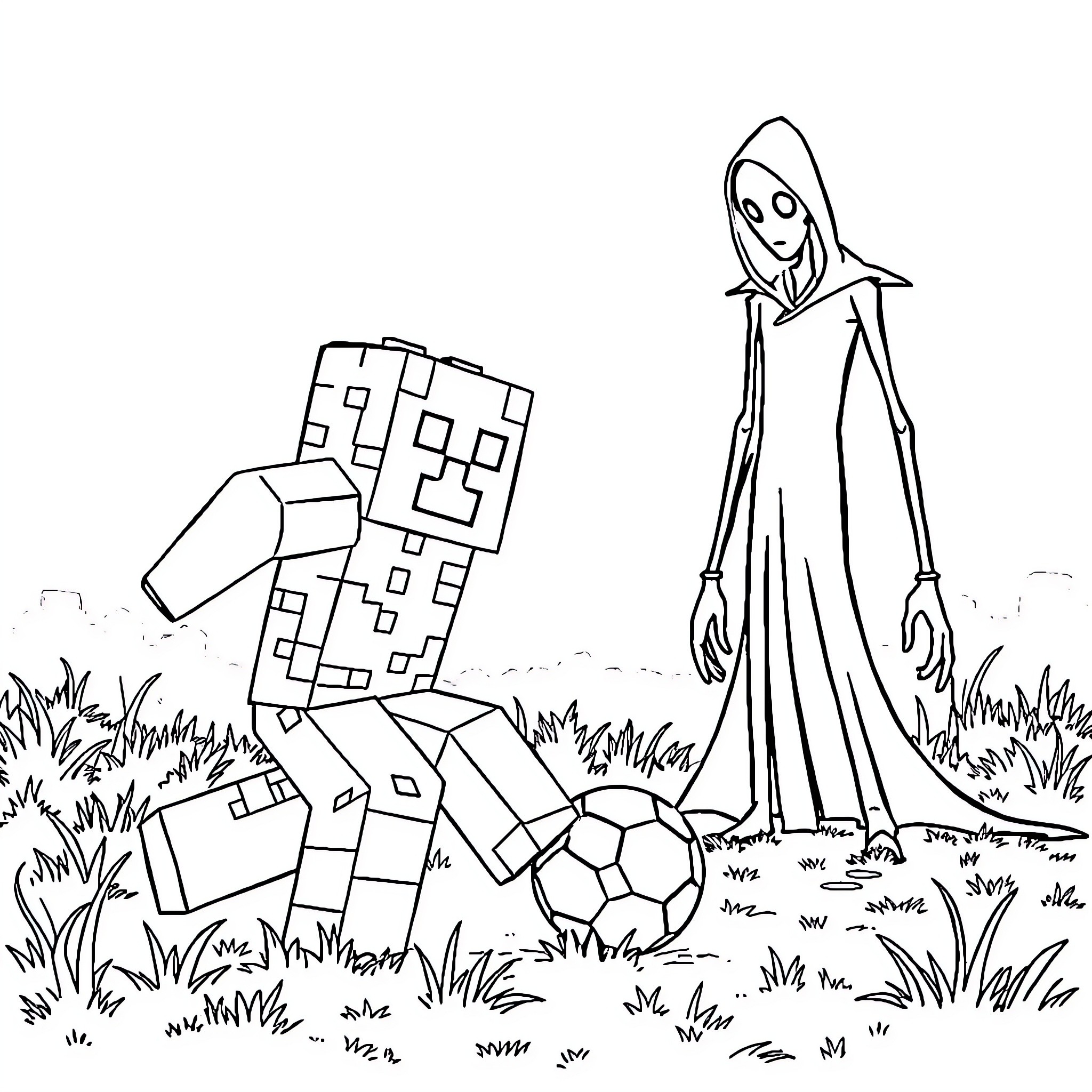 Creeper playing soccer with mysterious figure Coloring Page (free black-and-white line drawing printable PDF for all, from beginners to advanced learners, including children, teens, adults, and seniors)