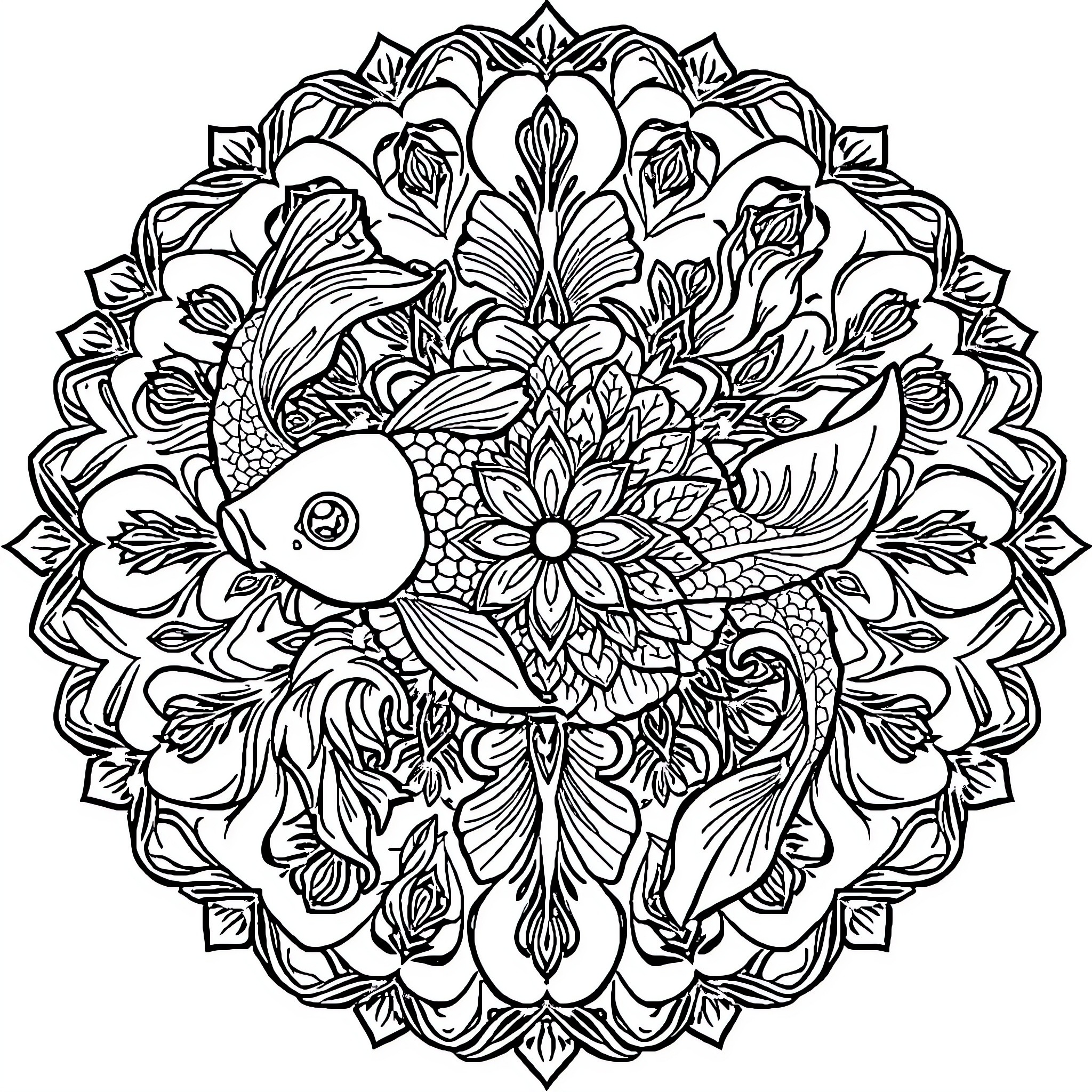 Koi fish swimming among floral mandala design Coloring Page (free black-and-white line drawing printable PDF for all, from beginners to advanced learners, including children, teens, adults, and seniors)