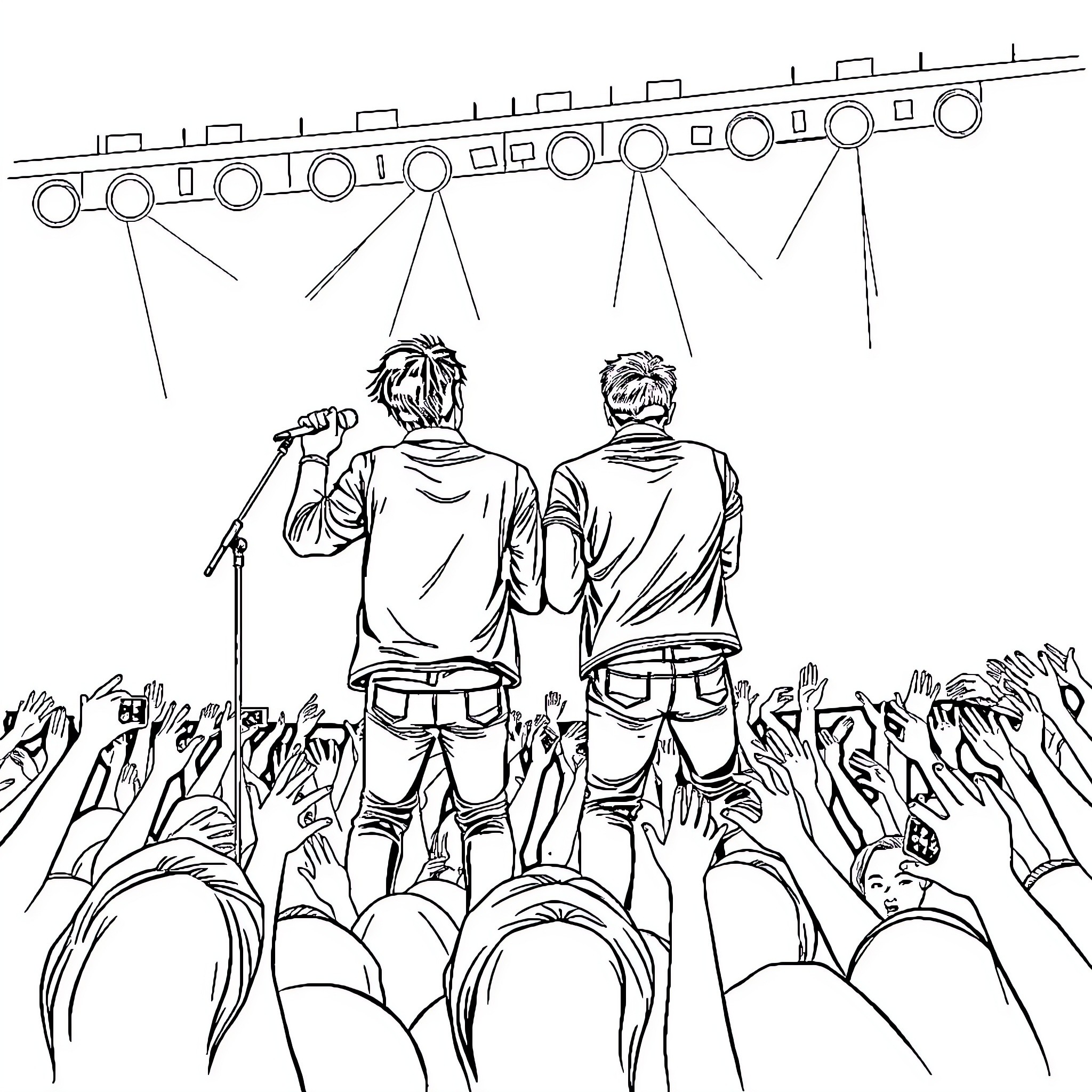 Jonas Brothers performing passionately on stage Coloring Page (free black-and-white line drawing printable PDF for all, from beginners to advanced learners, including children, teens, adults, and seniors)