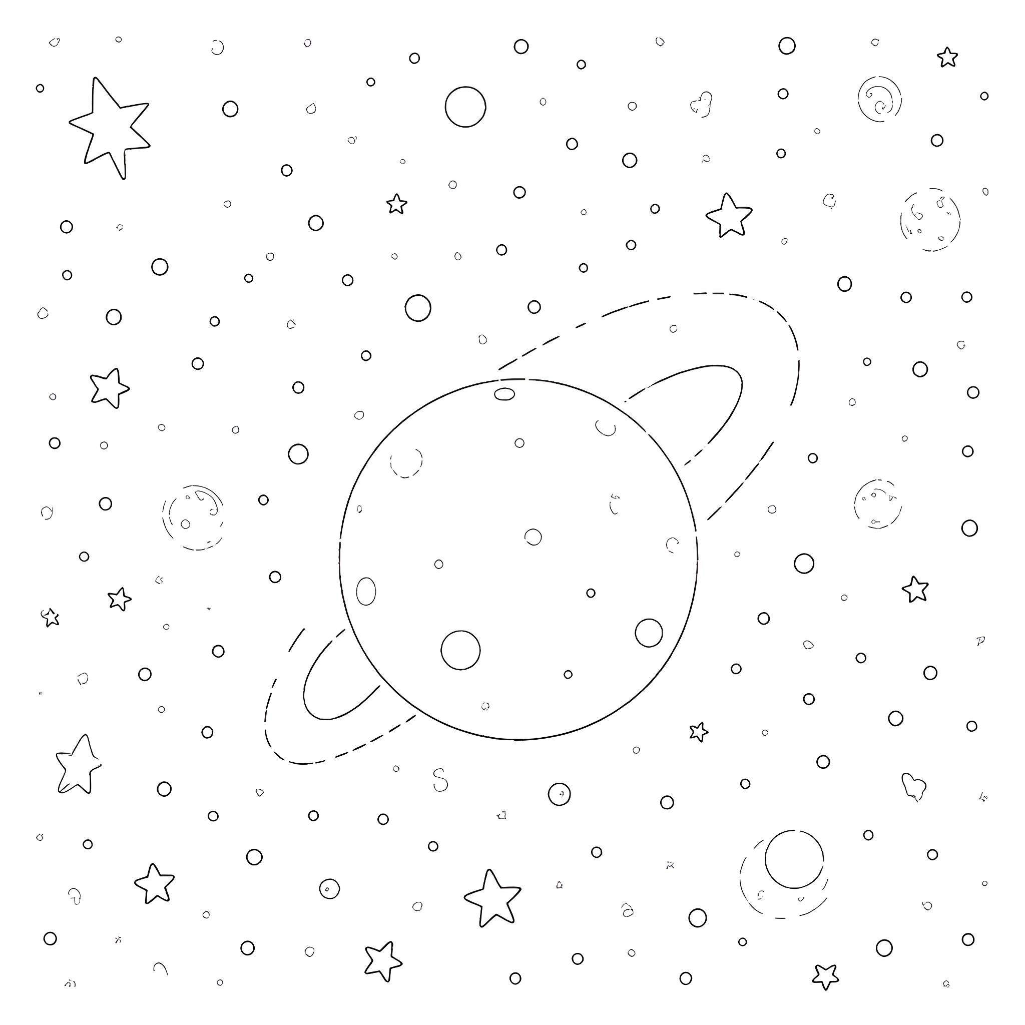 Galaxy with Planets and Floating Stars Coloring Page (free black-and-white line drawing printable PDF for all, from beginners to advanced learners, including children, teens, adults, and seniors)