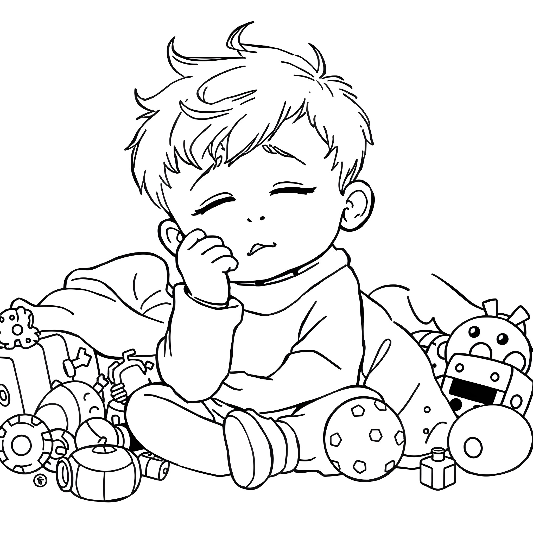 Boy playing joyfully with toys Coloring Page (free black-and-white line drawing printable PDF for all, from beginners to advanced learners, including children, teens, adults, and seniors)