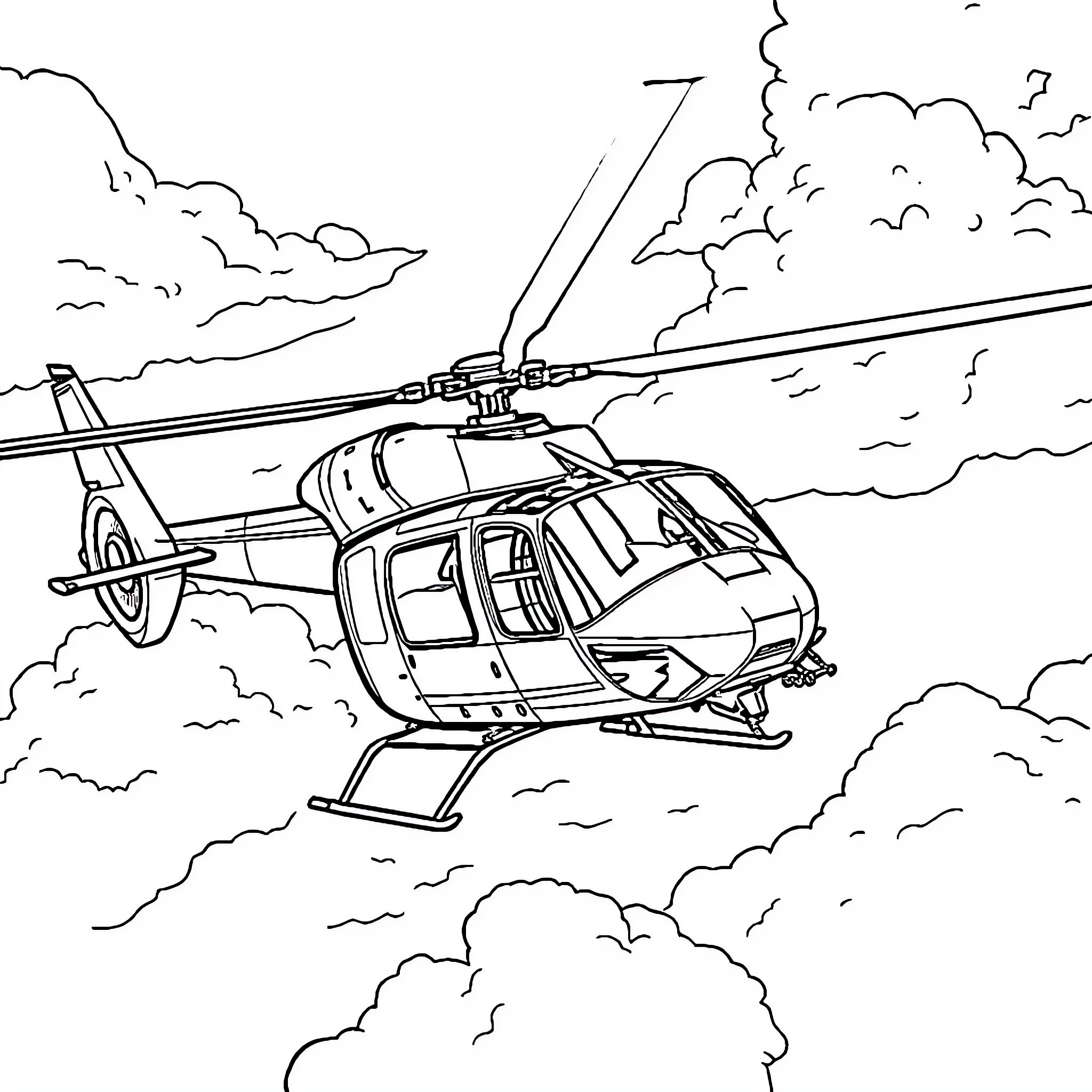 OH-58 Helicopter in Flight over Cloudy Skies Coloring Page (free black-and-white line drawing printable PDF for all, from beginners to advanced learners, including children, teens, adults, and seniors)