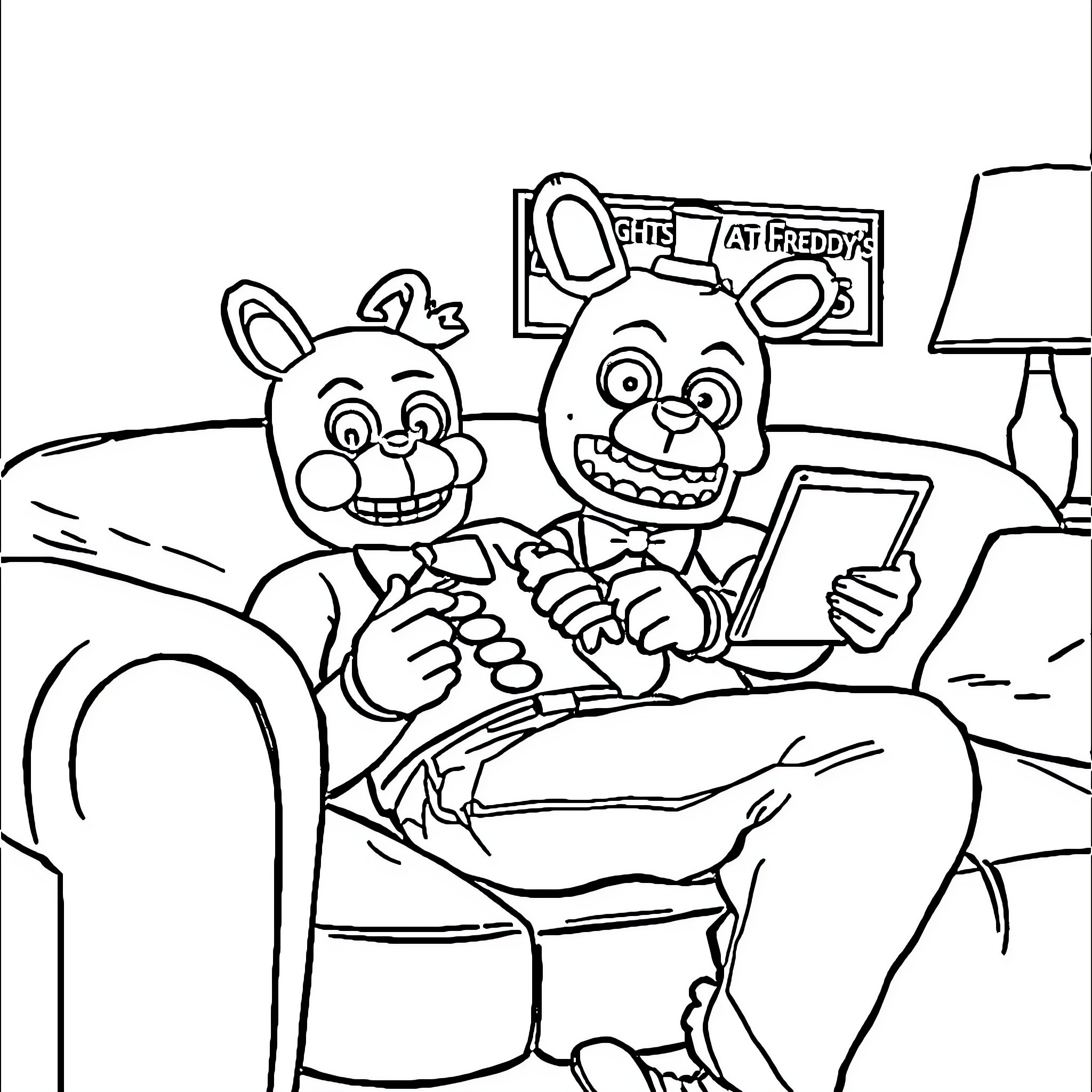 Freddy and friends playing video games at home Coloring Page (free black-and-white line drawing printable PDF for all, from beginners to advanced learners, including children, teens, adults, and seniors)