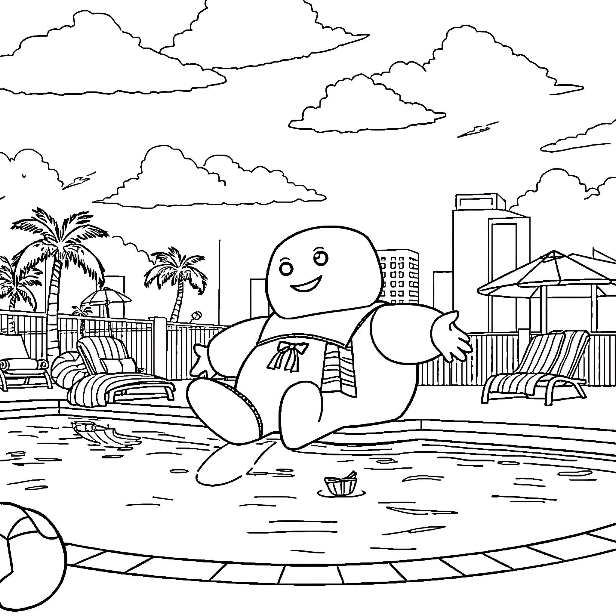 Stay Puft Marshmallow Man enjoying a tropical vacation Coloring Page (free black-and-white line drawing printable PDF for all, from beginners to advanced learners, including children, teens, adults, and seniors)