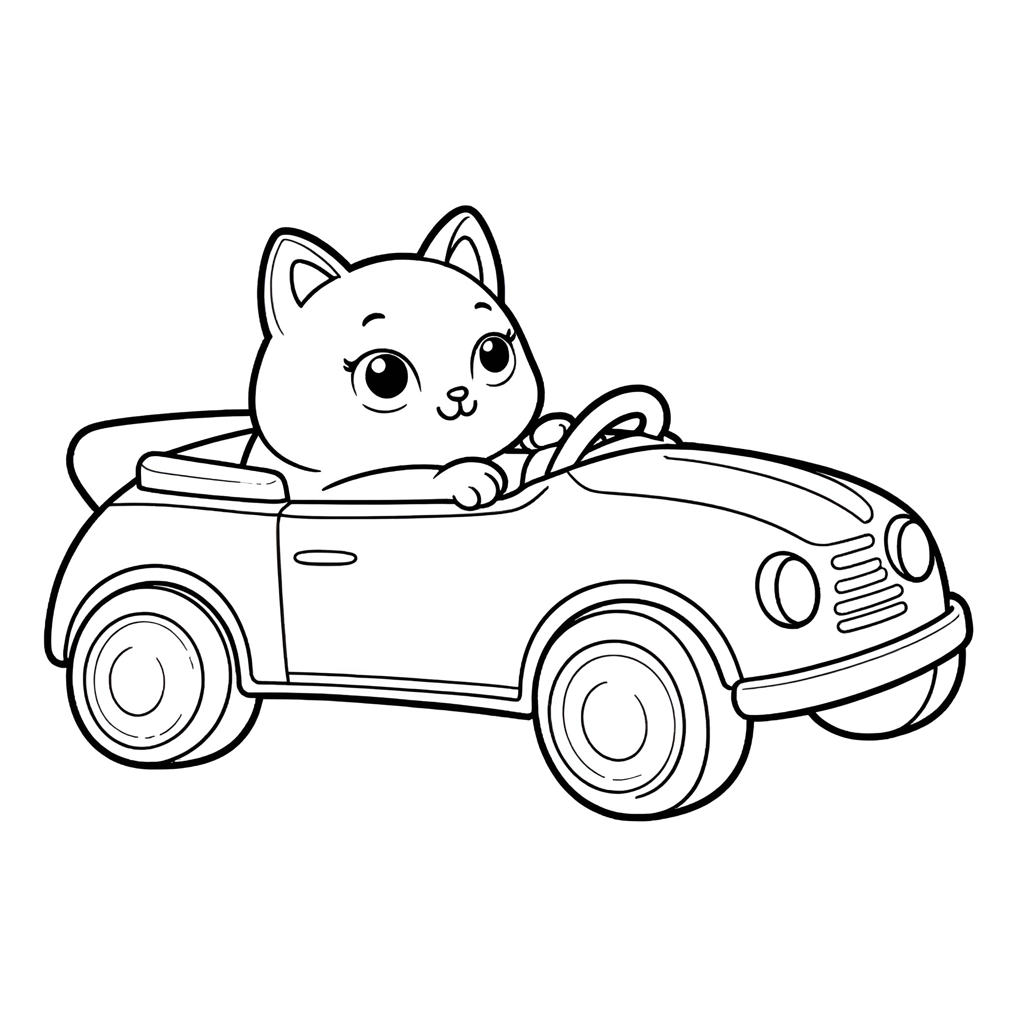 Cat driving a toy car playfully Coloring Page (free black-and-white line drawing printable PDF for all, from beginners to advanced learners, including children, teens, adults, and seniors)