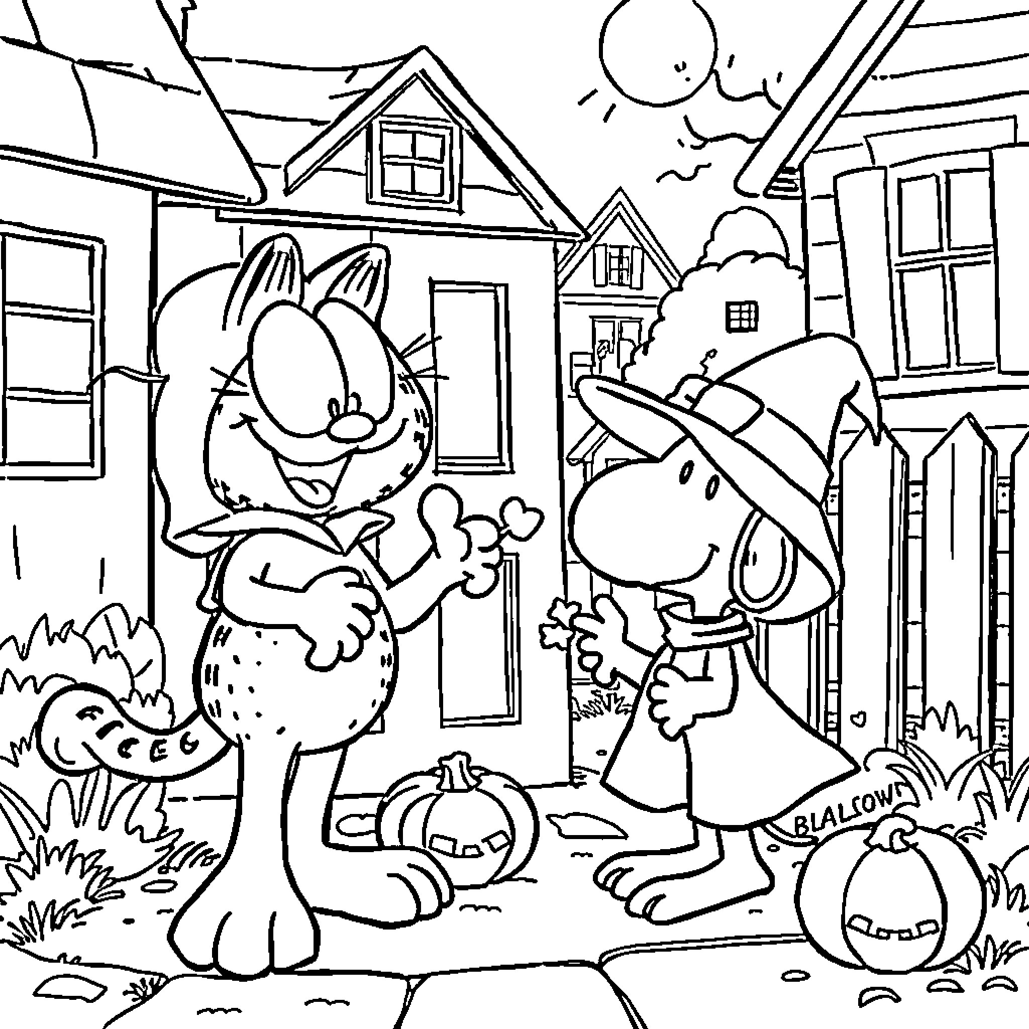 Garfield and friends enjoy autumn outdoor activities Coloring Page (free black-and-white line drawing printable PDF for all, from beginners to advanced learners, including children, teens, adults, and seniors)