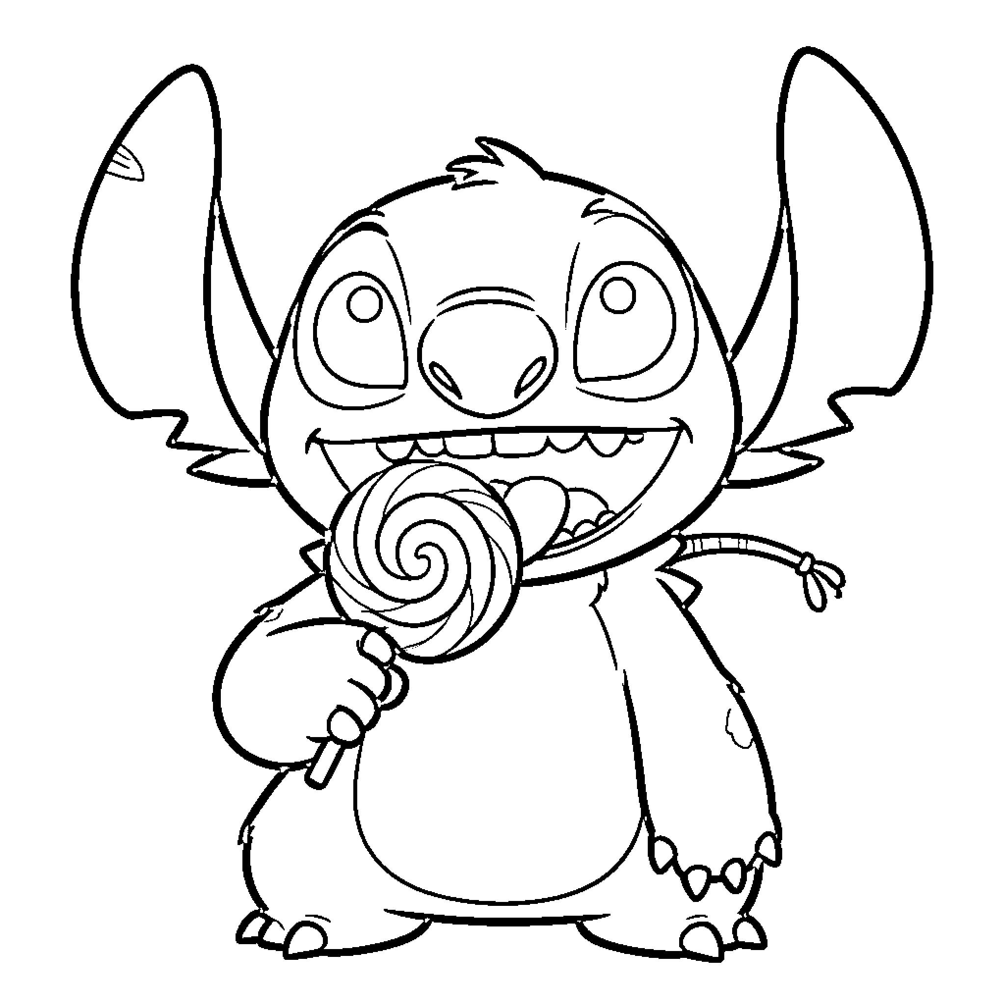 Stitch enjoying a sugary treat Coloring Page (free black-and-white line drawing printable PDF for all, from beginners to advanced learners, including children, teens, adults, and seniors)