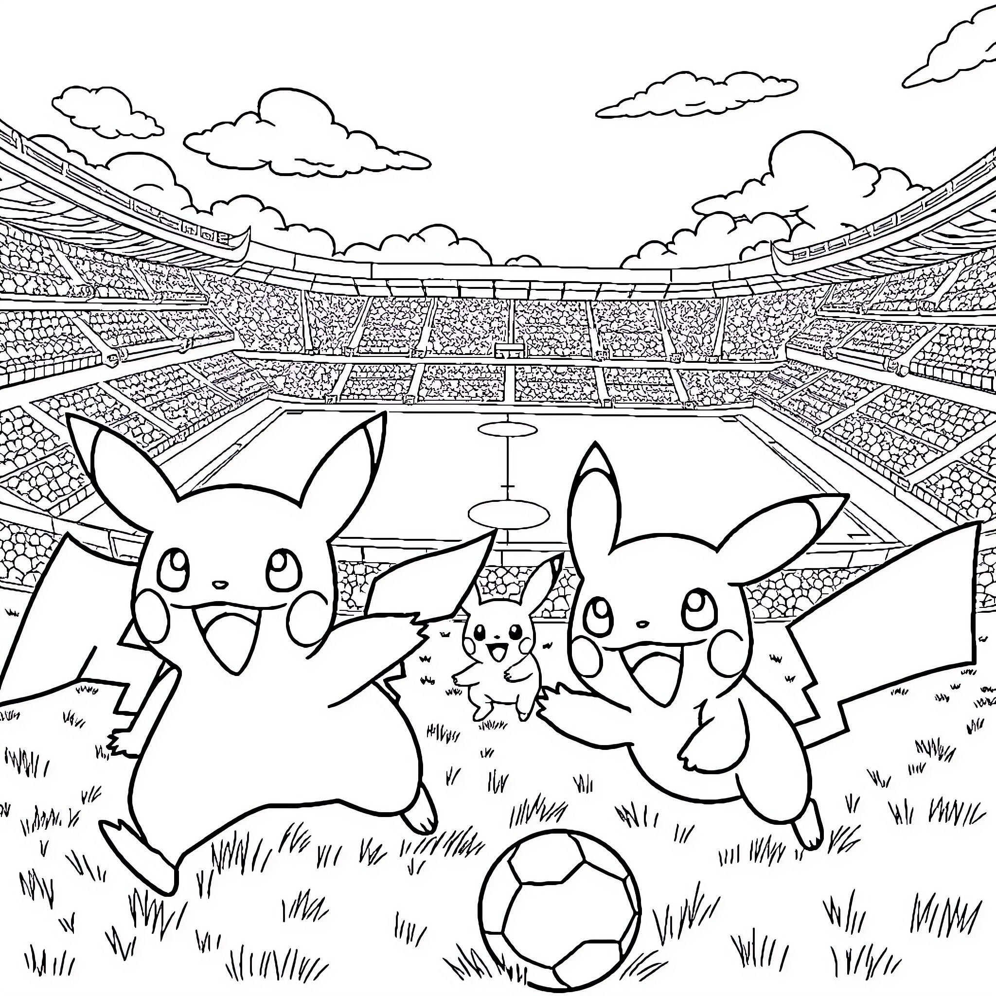 Pokémon Enjoying a Lively Soccer Match in a Crowded Stadium Coloring Page (free black-and-white line drawing printable PDF for all, from beginners to advanced learners, including children, teens, adults, and seniors)