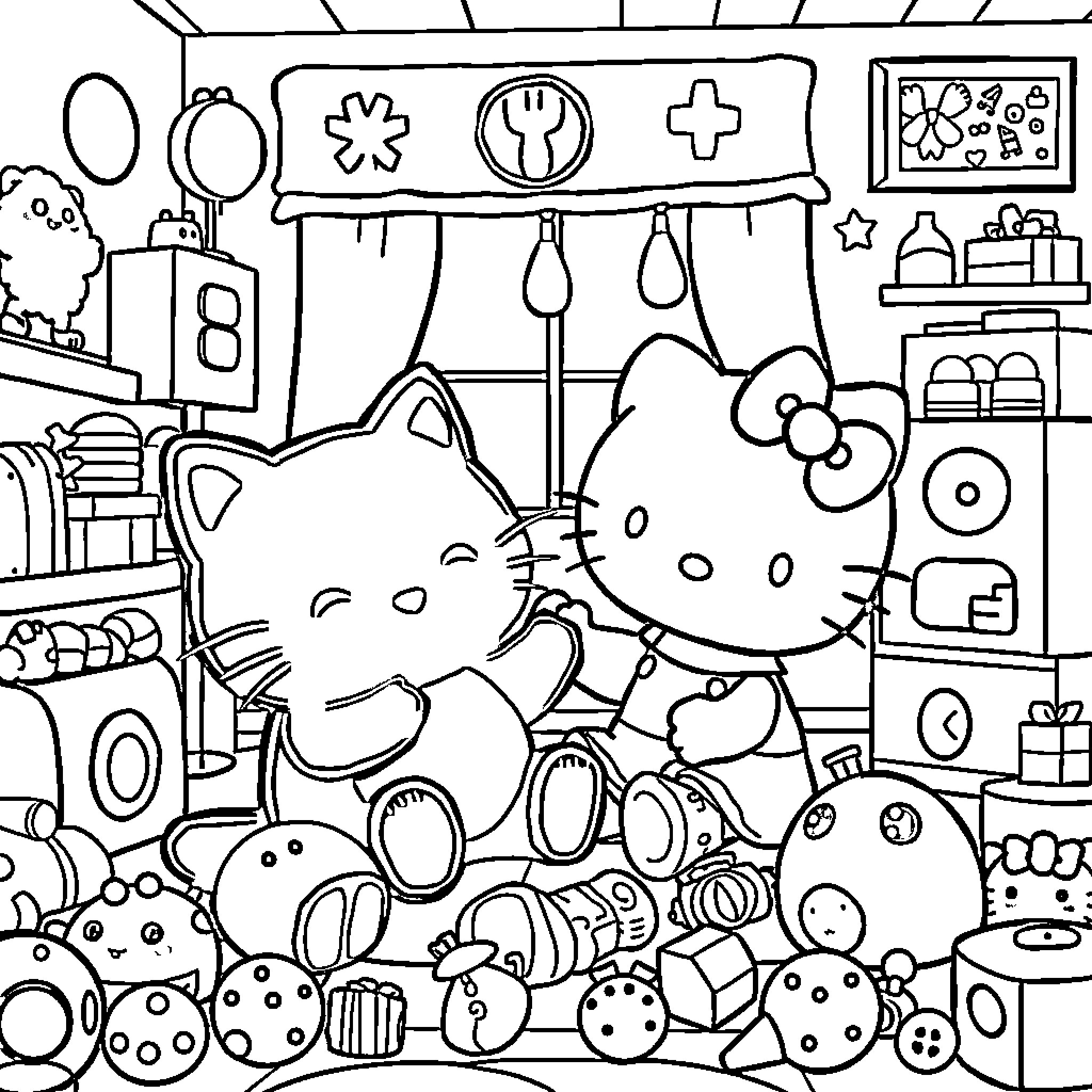 Badtz-Maru's Playful Adventure in the Medical Supplies Store Coloring Page (free black-and-white line drawing printable PDF for all, from beginners to advanced learners, including children, teens, adults, and seniors)