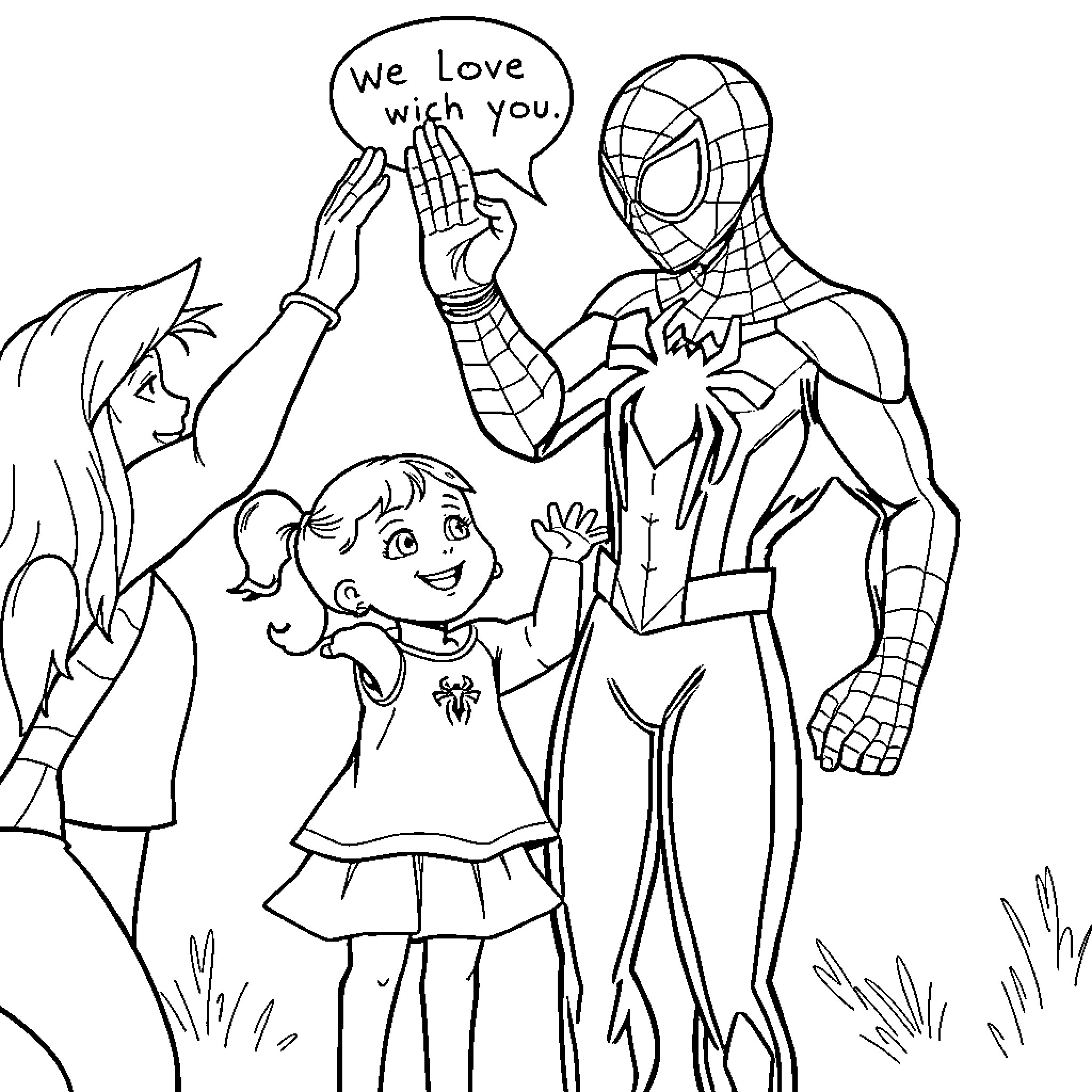 Spidey Interacts with Young Fan in Heartwarming Scene Coloring Page (free black-and-white line drawing printable PDF for all, from beginners to advanced learners, including children, teens, adults, and seniors)