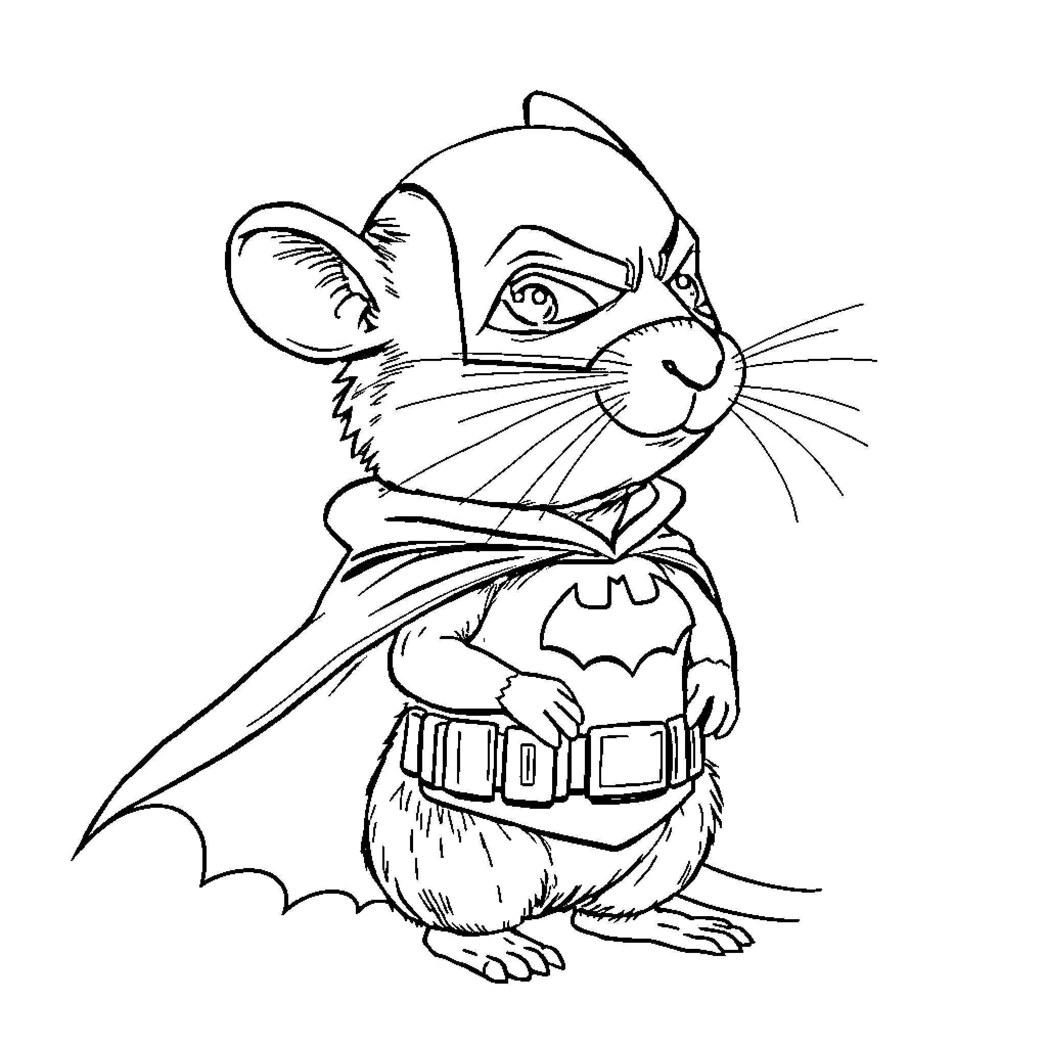 Mouse superhero in costume with wings Coloring Page (free black-and-white line drawing printable PDF for all, from beginners to advanced learners, including children, teens, adults, and seniors)