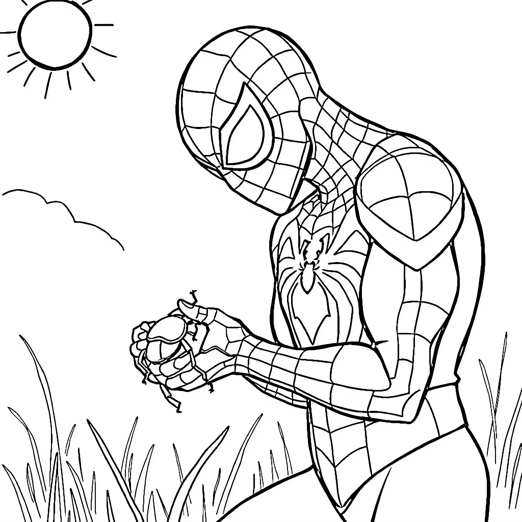 Spiderman Saving the Day in Nature Coloring Page (free black-and-white line drawing printable PDF for all, from beginners to advanced learners, including children, teens, adults, and seniors)