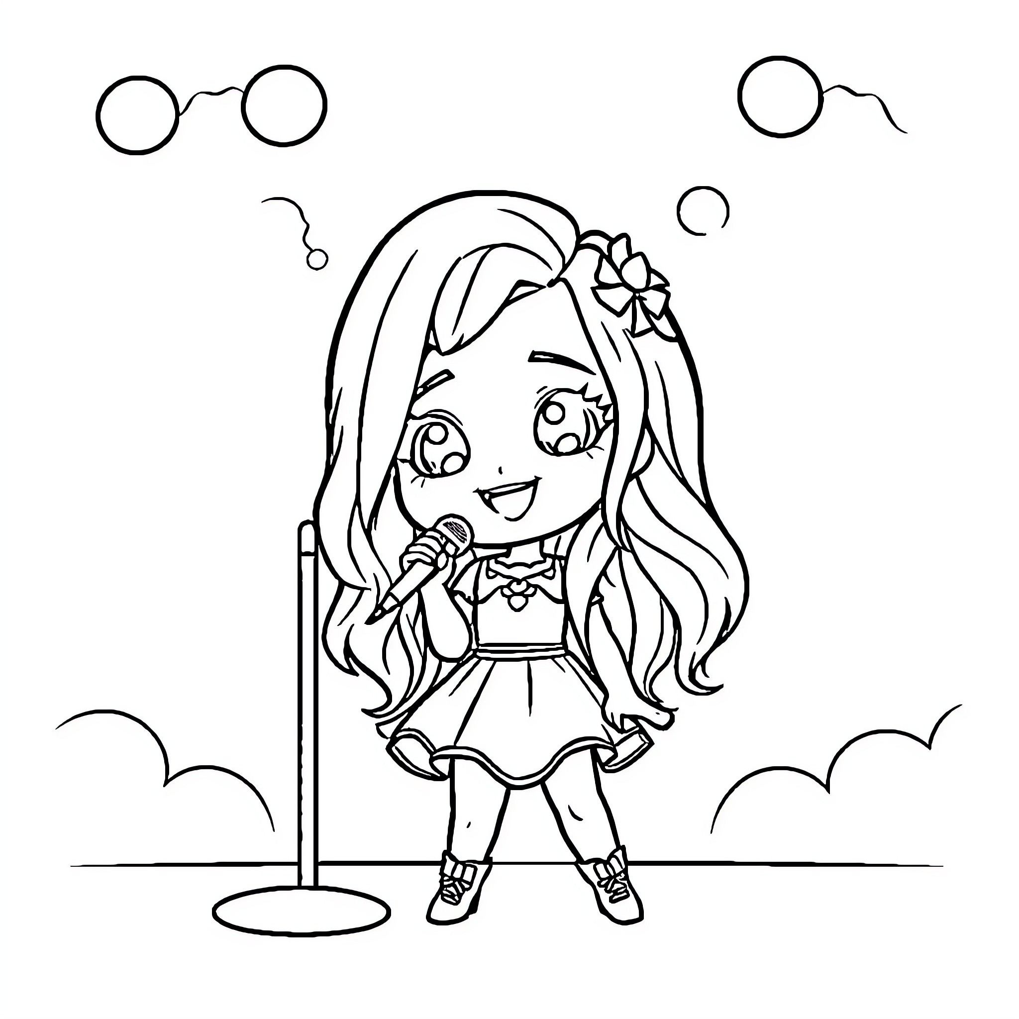 Sabrina Carpenter singing joyfully on stage Coloring Page (free black-and-white line drawing printable PDF for all, from beginners to advanced learners, including children, teens, adults, and seniors)