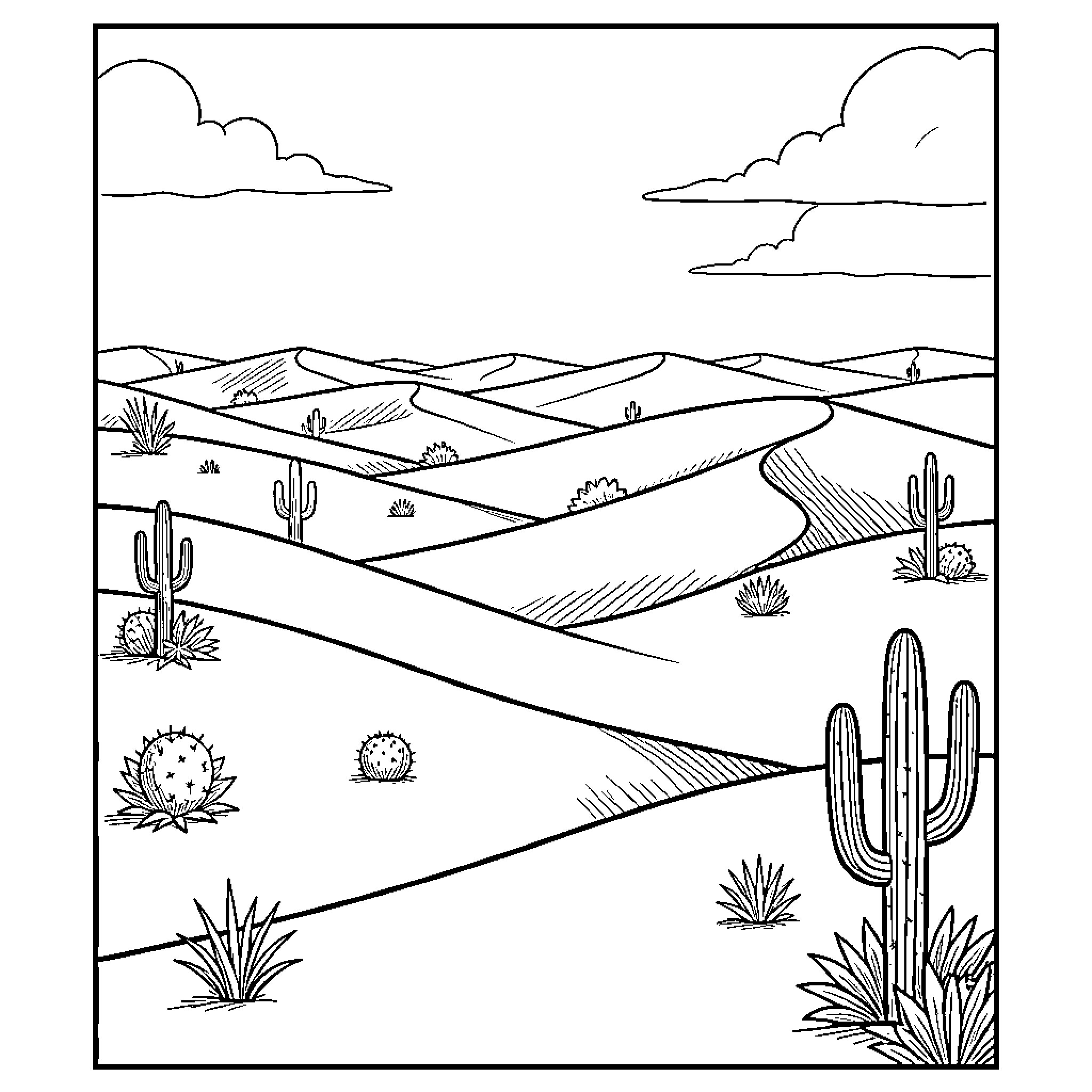 Desert landscape featuring rolling sand dunes and cacti Coloring Page (free black-and-white line drawing printable PDF for all, from beginners to advanced learners, including children, teens, adults, and seniors)