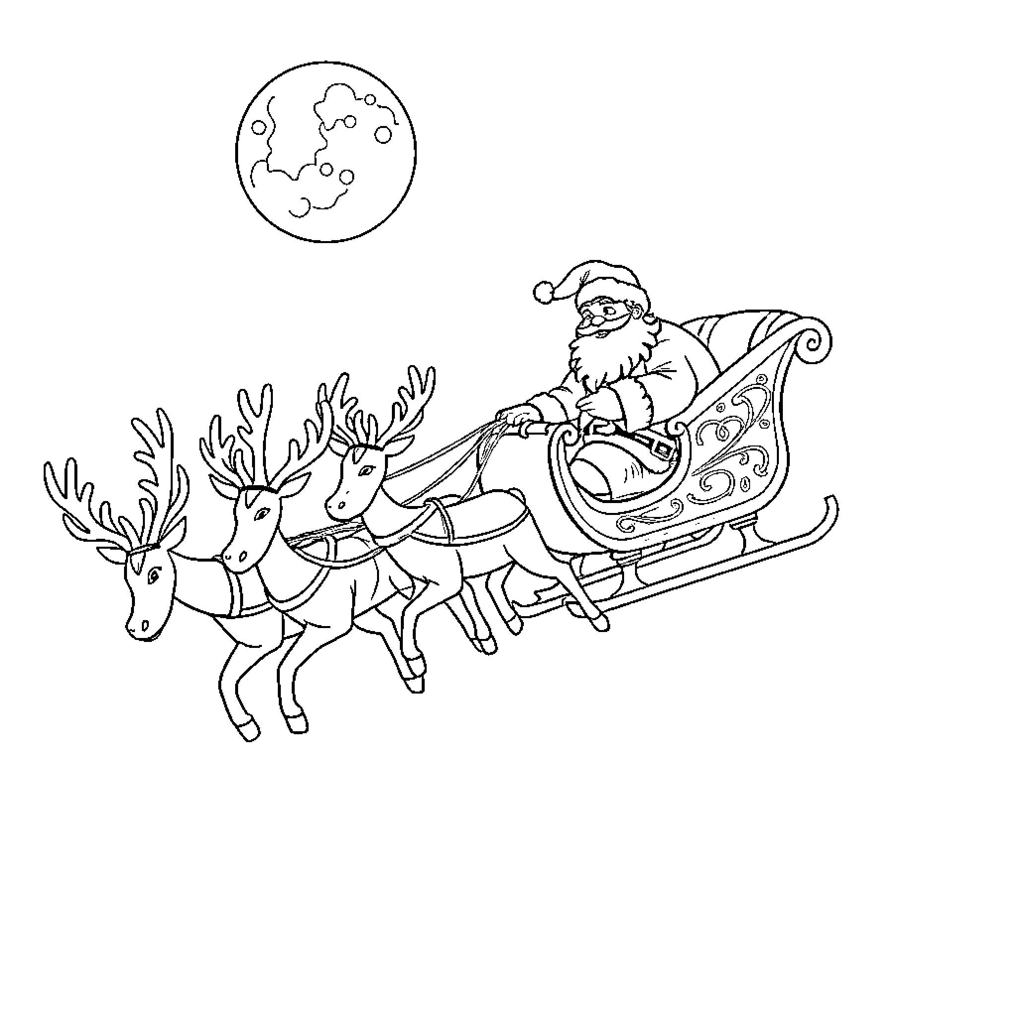 Santa riding sleigh with reindeer under the moon Coloring Page (free black-and-white line drawing printable PDF for all, from beginners to advanced learners, including children, teens, adults, and seniors)