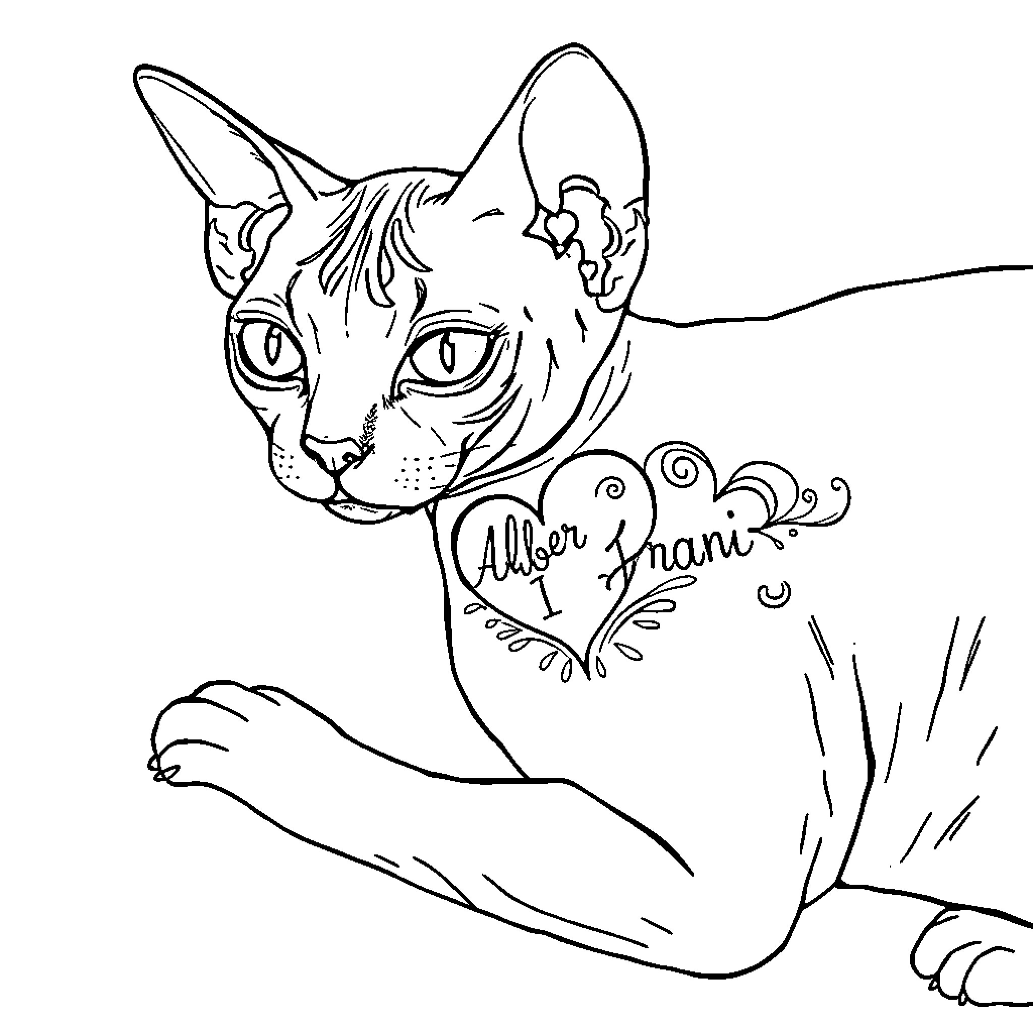 Sphynx Cat with Playful Tattoo Coloring Page (free black-and-white line drawing printable PDF for all, from beginners to advanced learners, including children, teens, adults, and seniors)