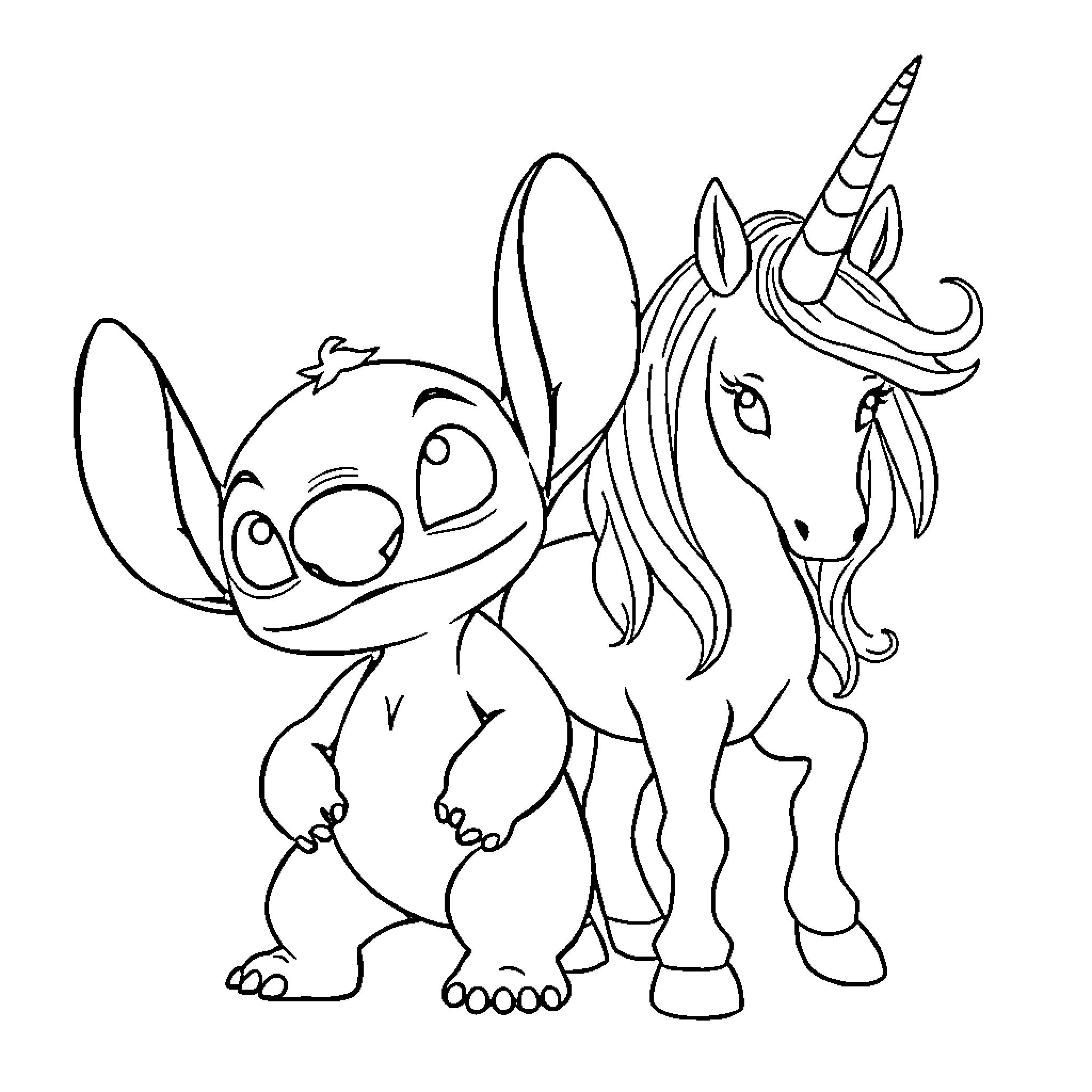 Stitch riding a unicorn with glee Coloring Page (free black-and-white line drawing printable PDF for all, from beginners to advanced learners, including children, teens, adults, and seniors)