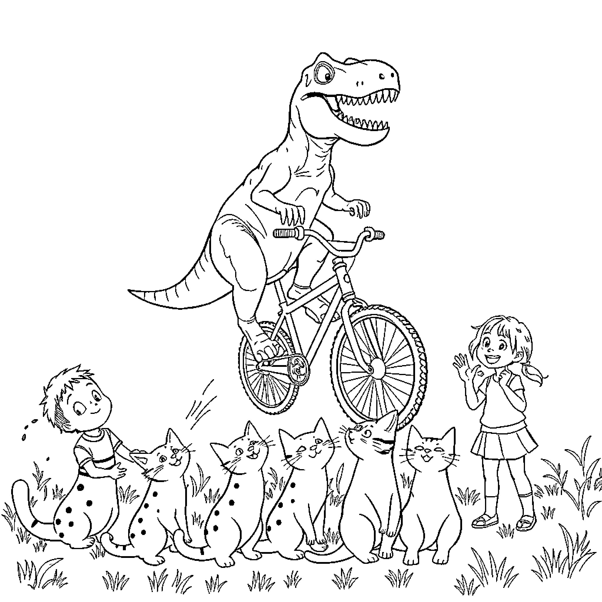 T-Rex Riding Bicycle with Children and Cats Coloring Page (free black-and-white line drawing printable PDF for all, from beginners to advanced learners, including children, teens, adults, and seniors)