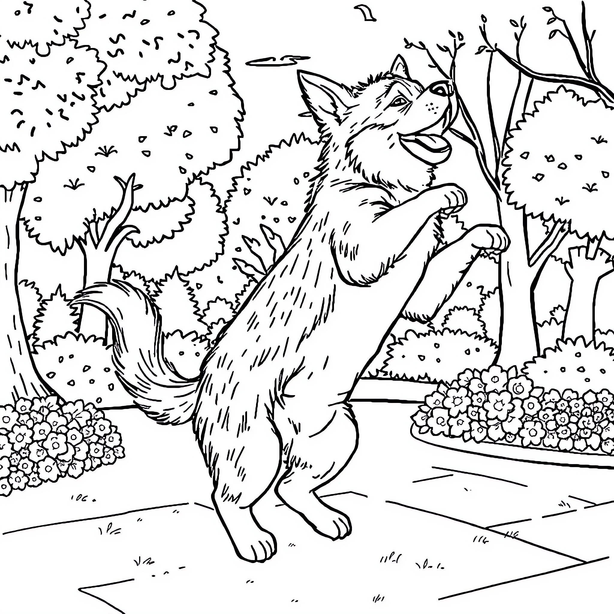 Dog exploring the forest with excitement Coloring Page (free black-and-white line drawing printable PDF for all, from beginners to advanced learners, including children, teens, adults, and seniors)