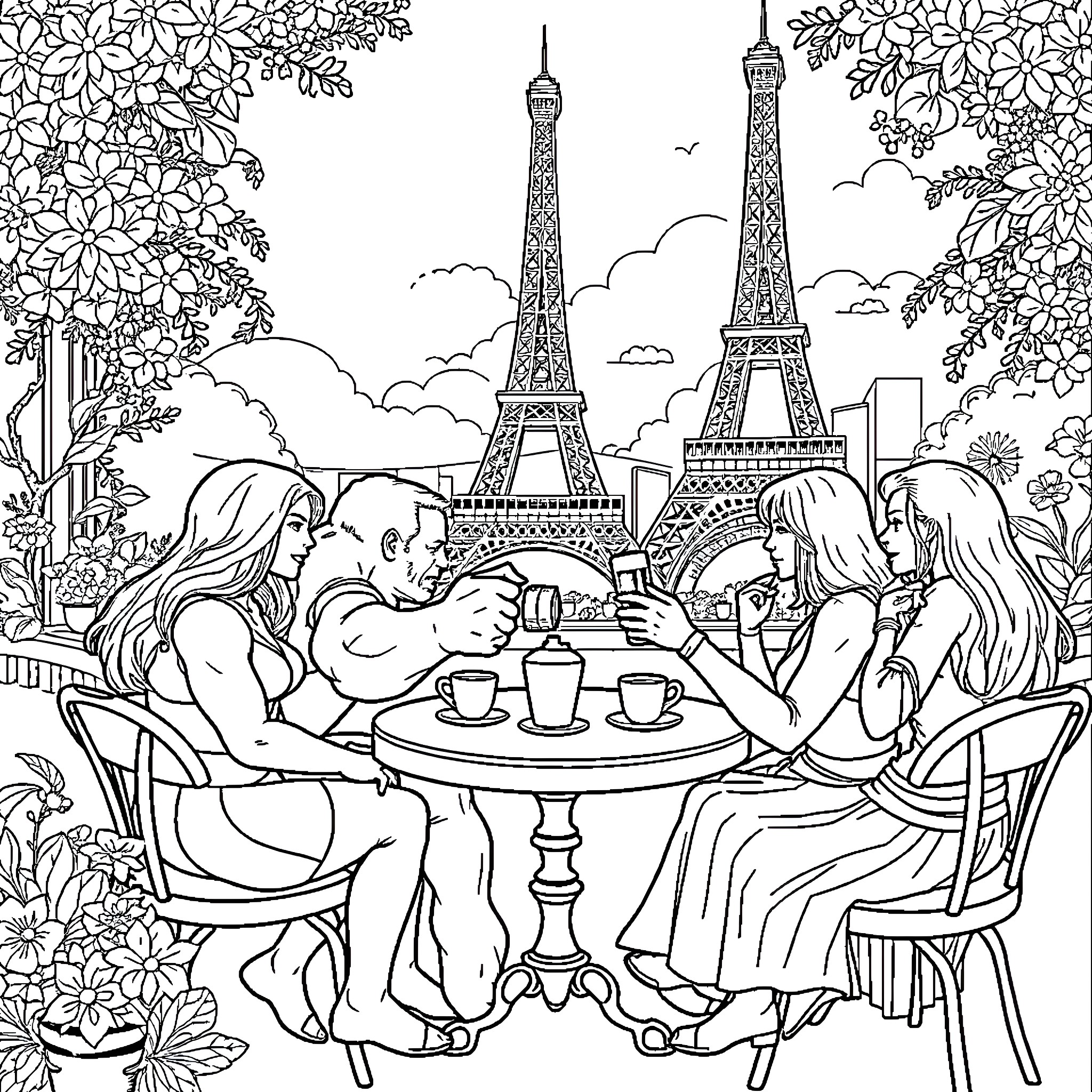 Hulk Enjoying a Parisian Café Experience Coloring Page (free black-and-white line drawing printable PDF for all, from beginners to advanced learners, including children, teens, adults, and seniors)