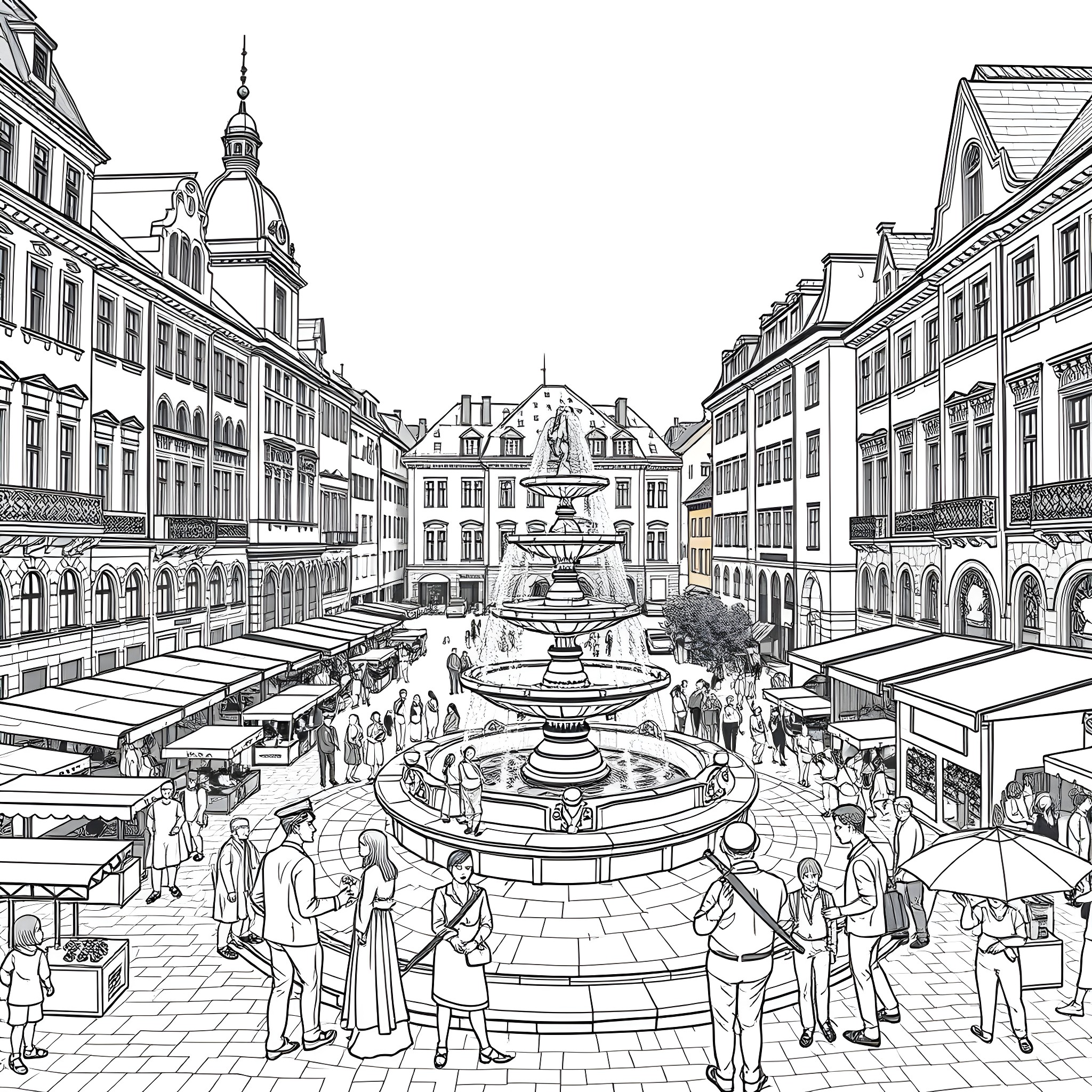 City with crowded marketplace and architectural buildings Coloring Page (free black-and-white line drawing printable PDF for all, from beginners to advanced learners, including children, teens, adults, and seniors)