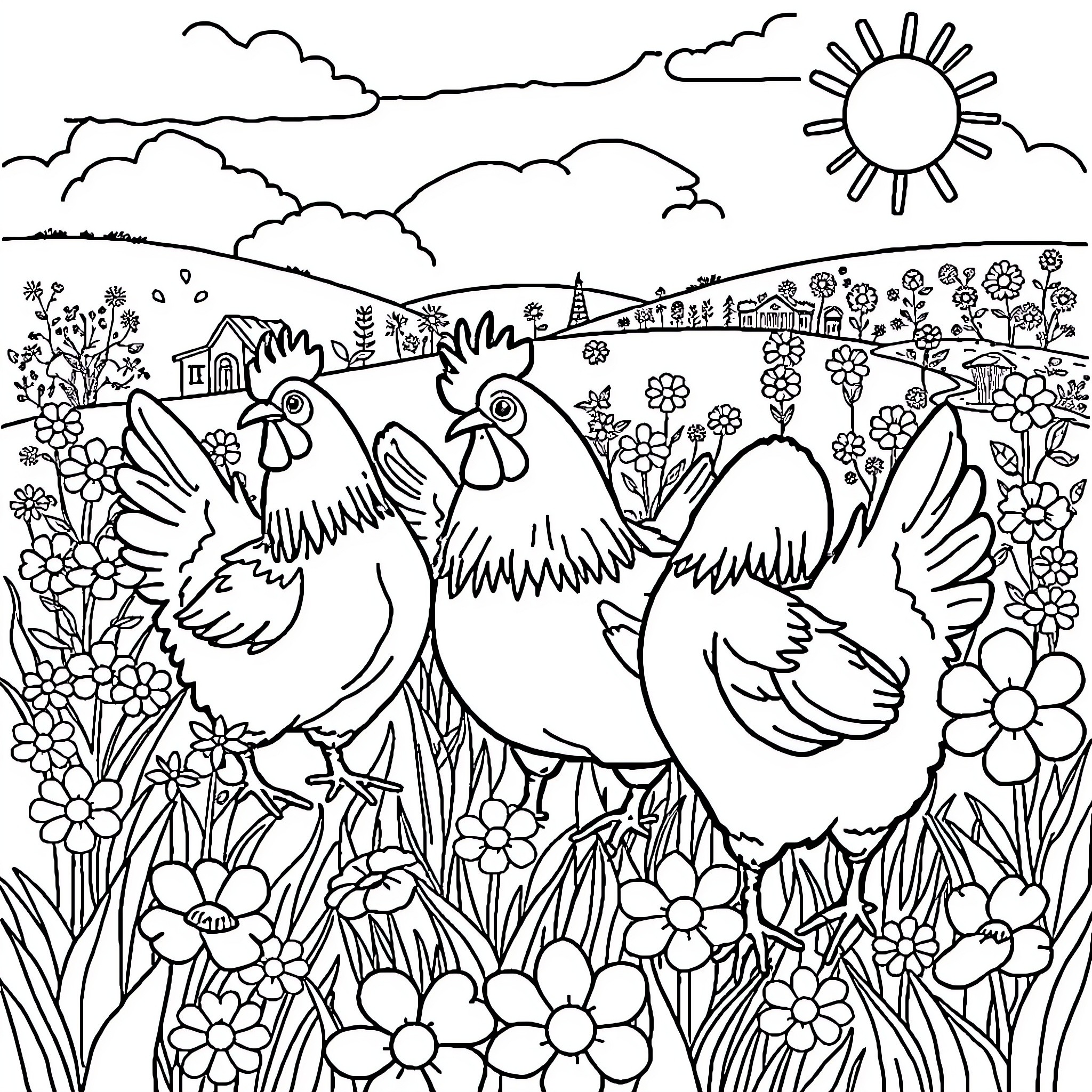 Chickens exploring a vibrant garden landscape Coloring Page (free black-and-white line drawing printable PDF for all, from beginners to advanced learners, including children, teens, adults, and seniors)