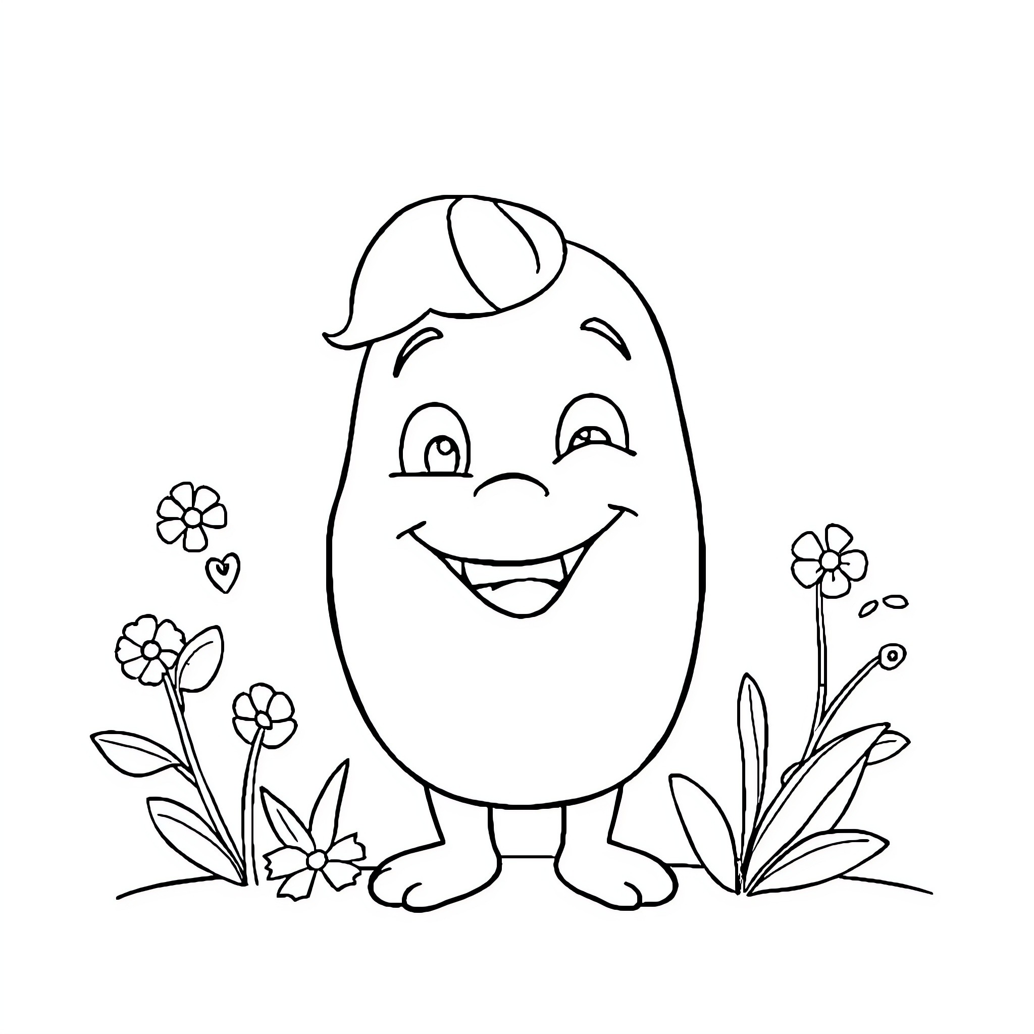 Hi Smiling egg character surrounded by flowers Coloring Page (free black-and-white line drawing printable PDF for all, from beginners to advanced learners, including children, teens, adults, and seniors)