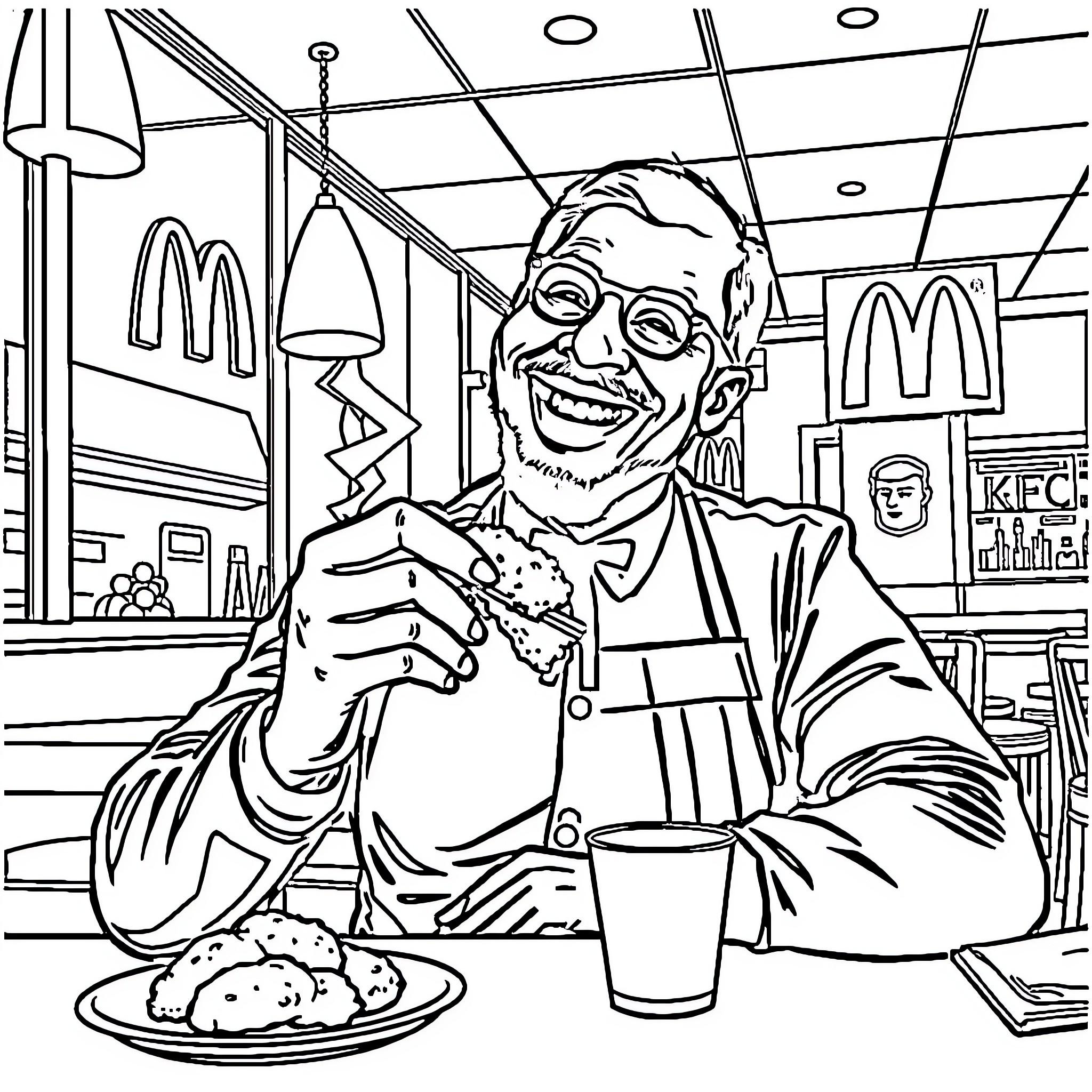Man enjoying a meal at fast food restaurant Coloring Page (free black-and-white line drawing printable PDF for all, from beginners to advanced learners, including children, teens, adults, and seniors)