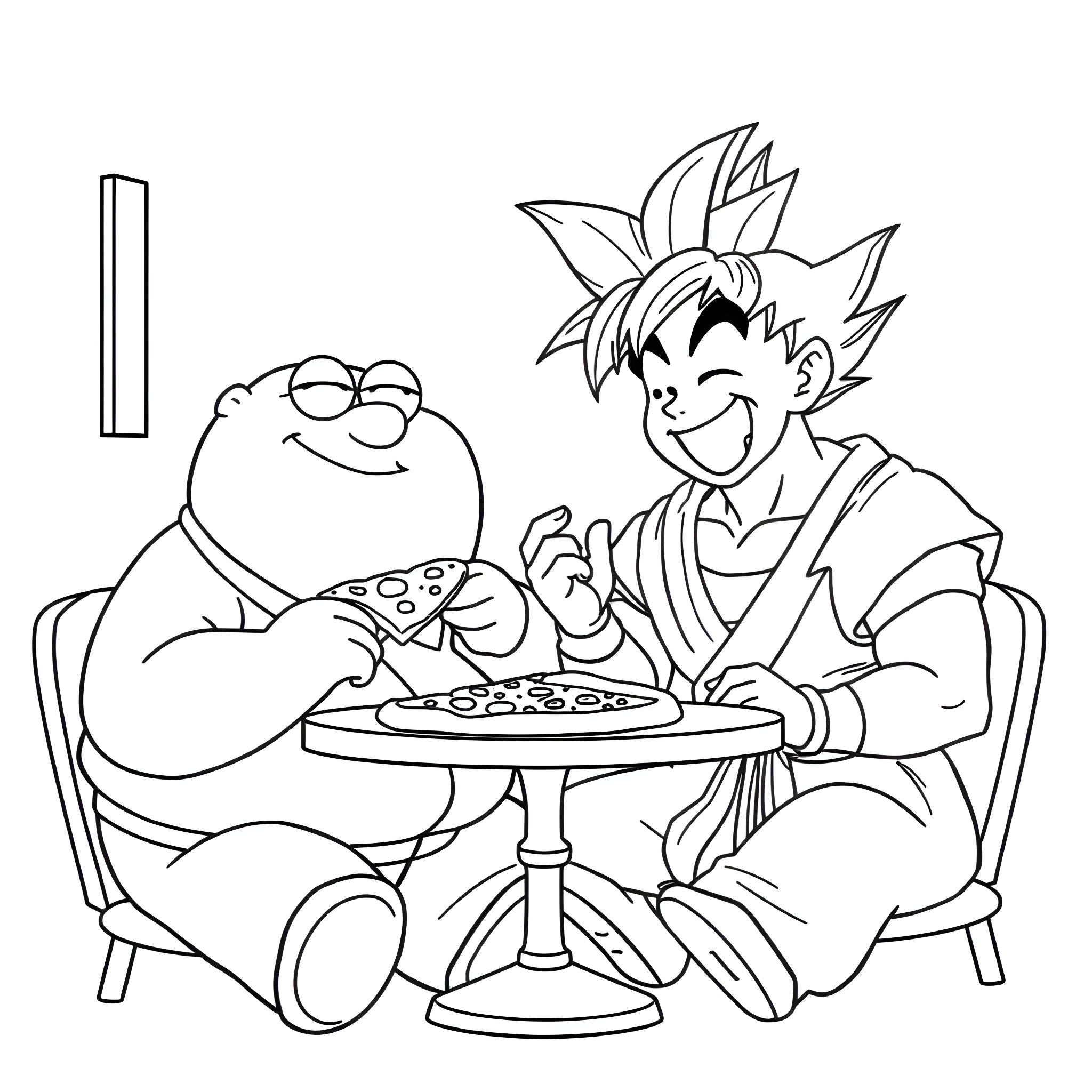Peter Griffin and Goku Eating Pizza Together Coloring Page (free black-and-white line drawing printable PDF for all, from beginners to advanced learners, including children, teens, adults, and seniors)