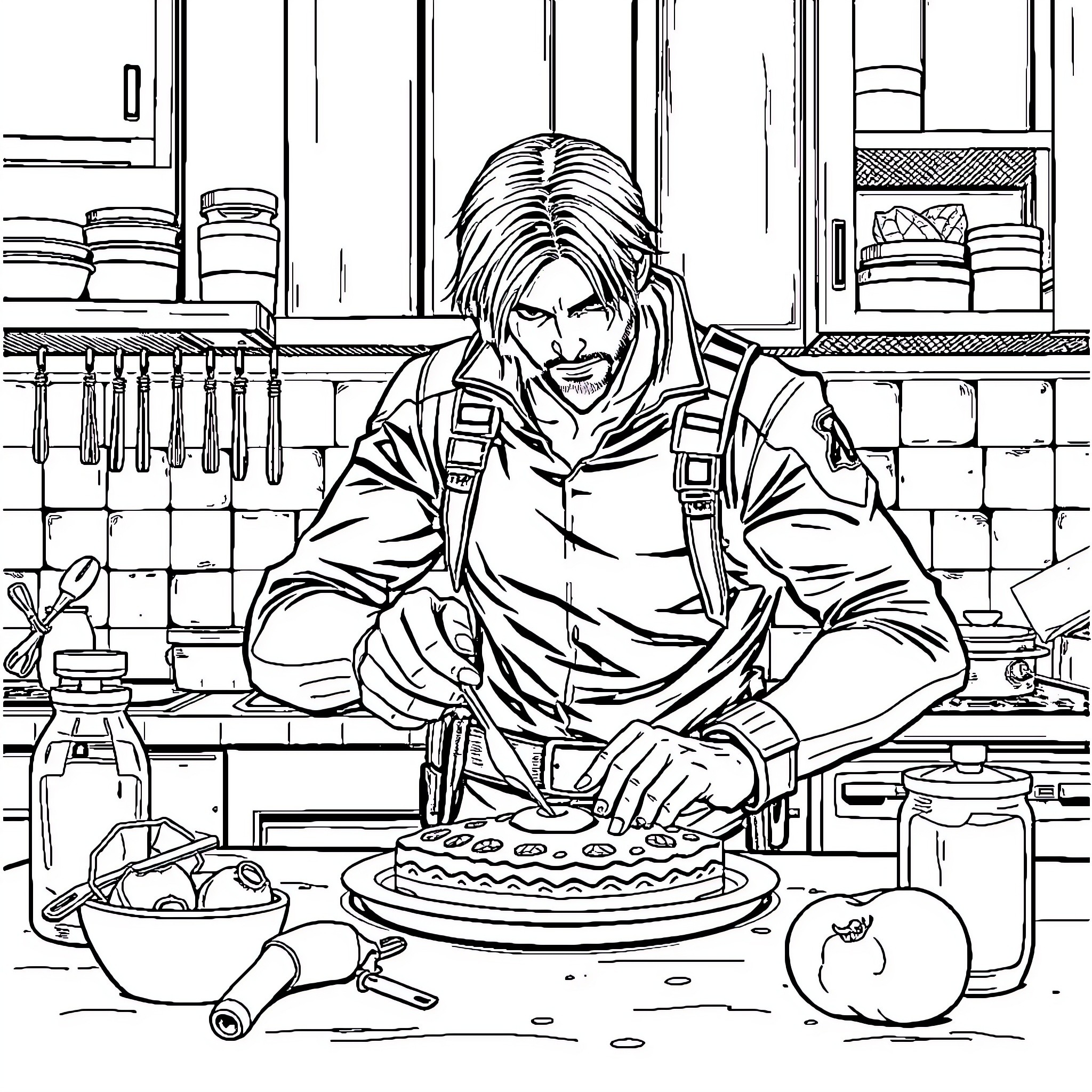 Leon cooking a meal in his kitchen Coloring Page (free black-and-white line drawing printable PDF for all, from beginners to advanced learners, including children, teens, adults, and seniors)