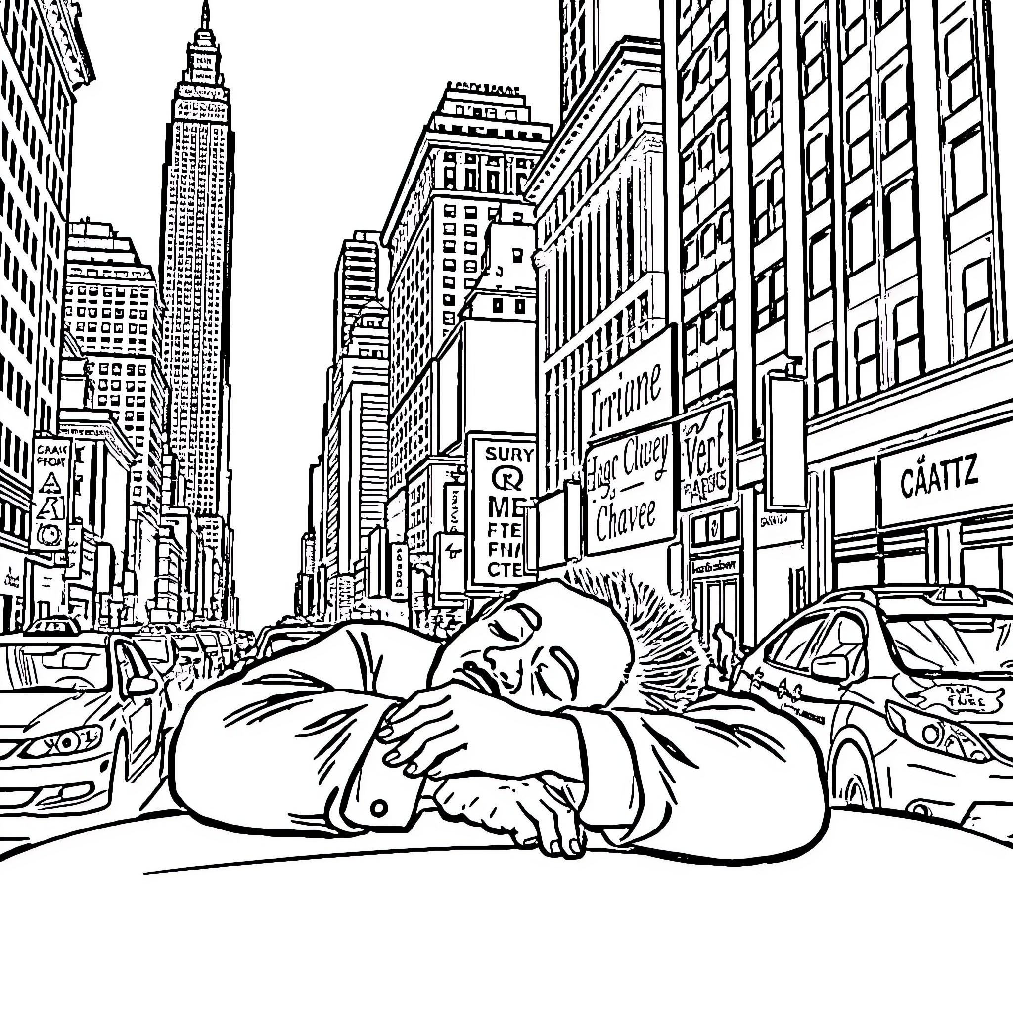 Hugo Chávez sleeping on the busy streets of New York City Coloring Page (free black-and-white line drawing printable PDF for all, from beginners to advanced learners, including children, teens, adults, and seniors)