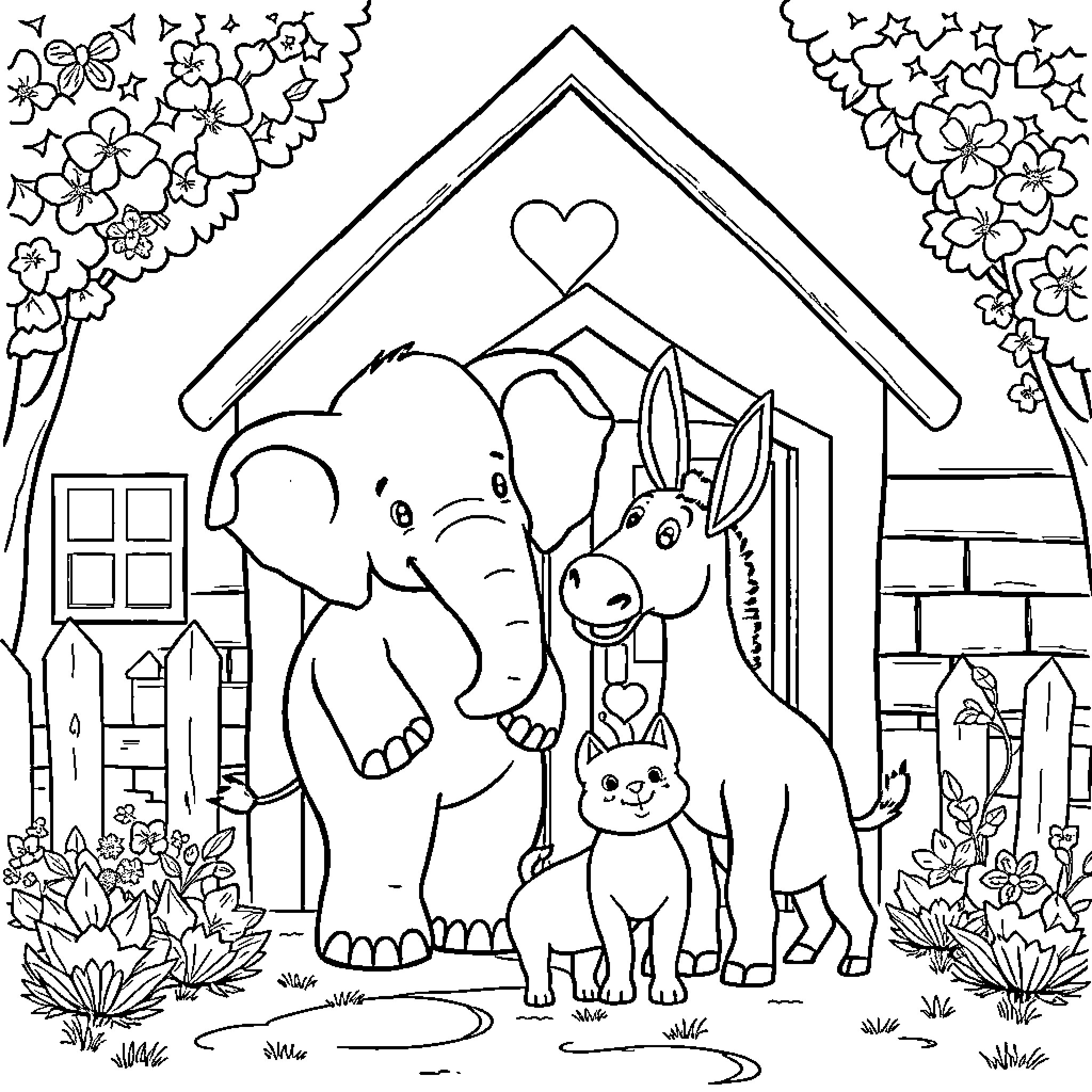 Elephant, Donkey, and Rabbit Relaxing in Backyard Coloring Page (free black-and-white line drawing printable PDF for all, from beginners to advanced learners, including children, teens, adults, and seniors)