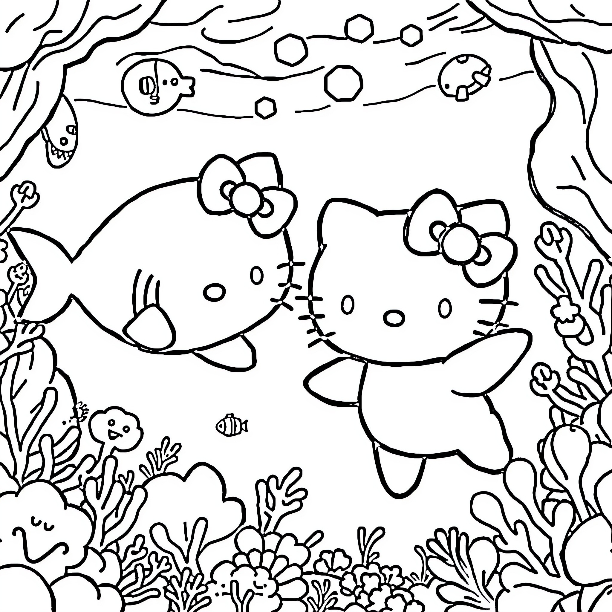 Hello Kitty exploring the underwater world Coloring Page (free black-and-white line drawing printable PDF for all, from beginners to advanced learners, including children, teens, adults, and seniors)