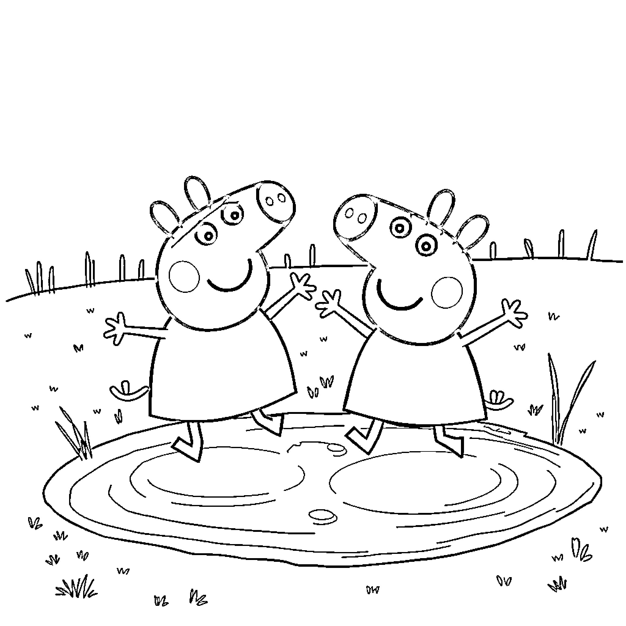 Peppa Pig and friend playing happily in the meadow Coloring Page (free black-and-white line drawing printable PDF for all, from beginners to advanced learners, including children, teens, adults, and seniors)