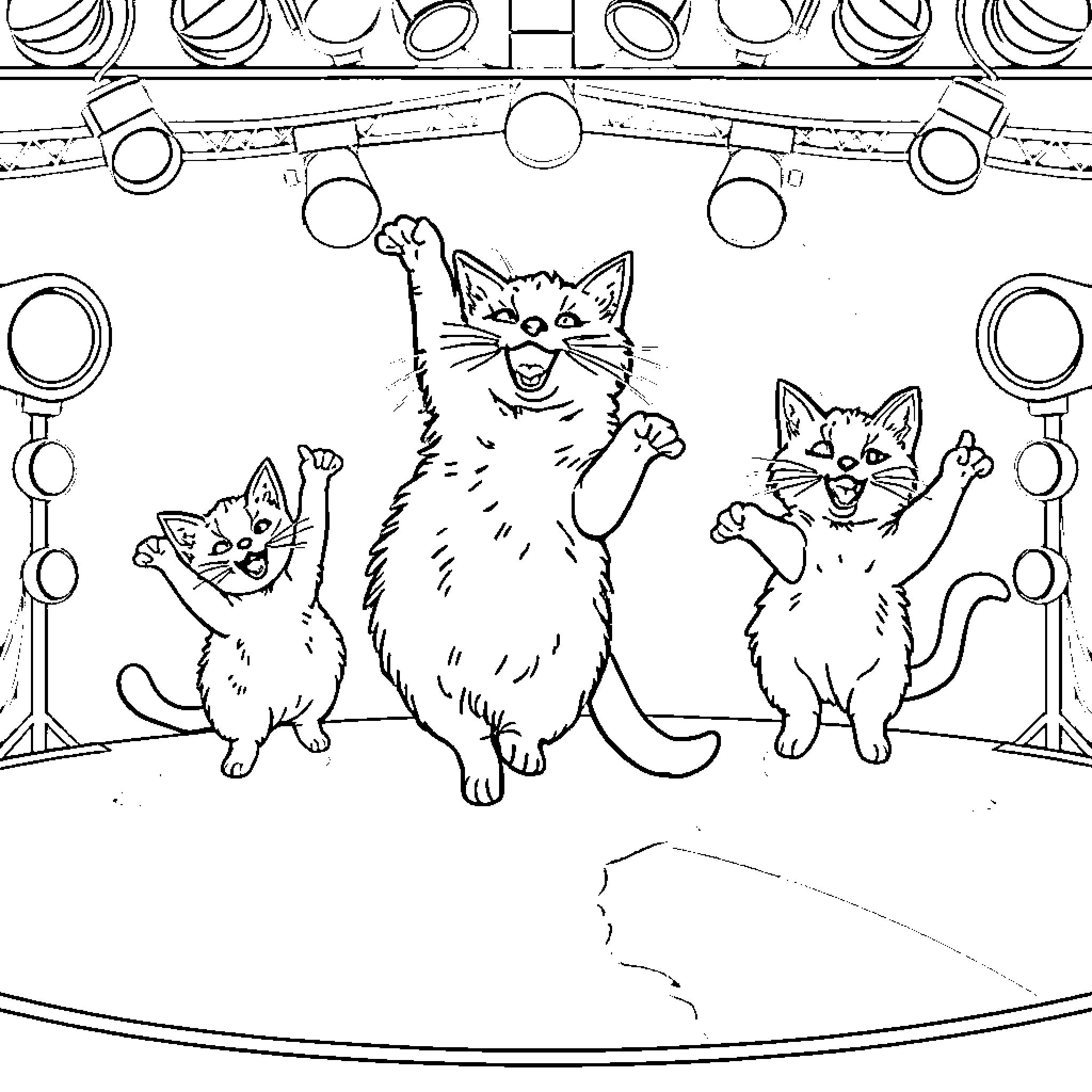 Cat performers in the circus Coloring Page (free black-and-white line drawing printable PDF for all, from beginners to advanced learners, including children, teens, adults, and seniors)