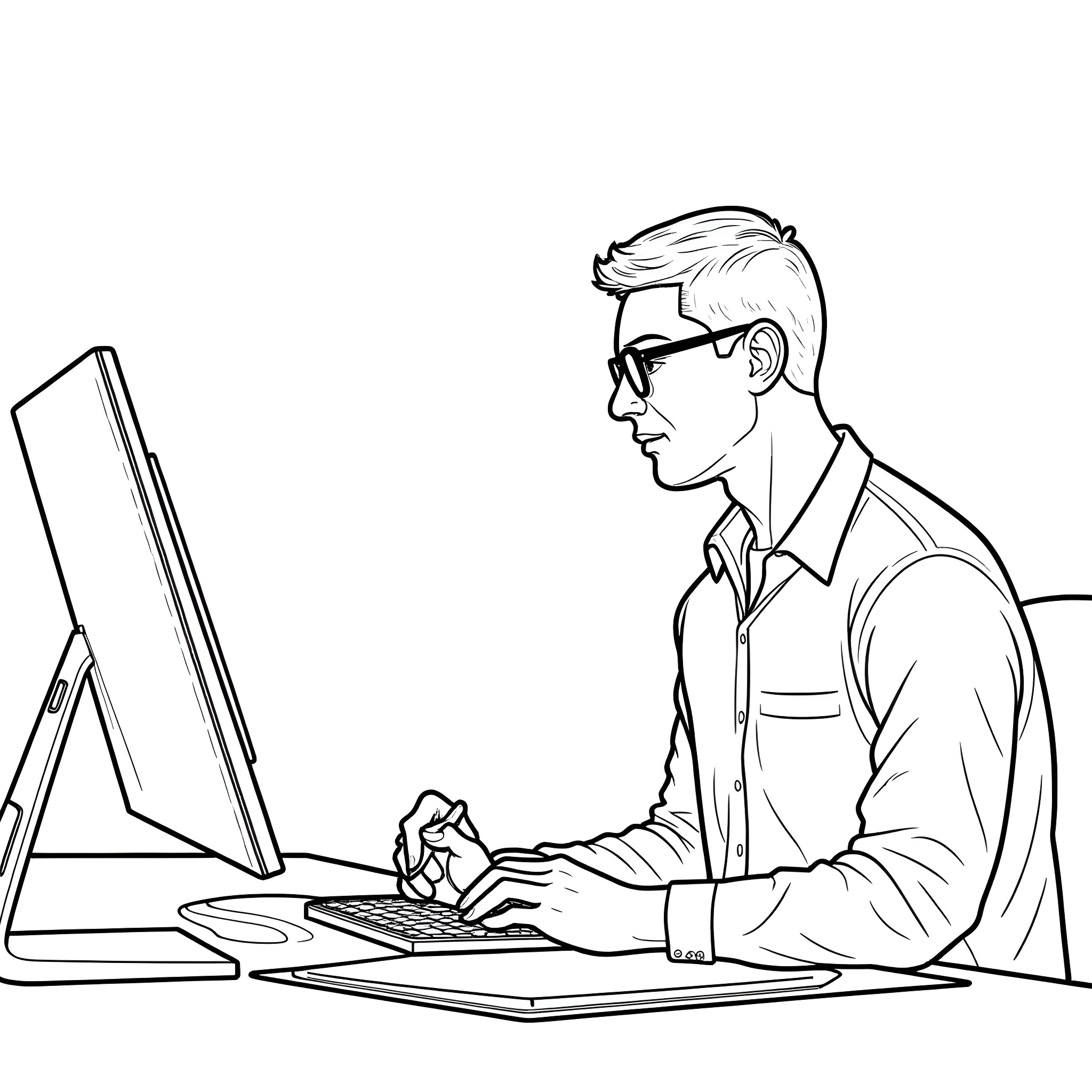 Graphic Designer working diligently at computer Coloring Page (free black-and-white line drawing printable PDF for all, from beginners to advanced learners, including children, teens, adults, and seniors)