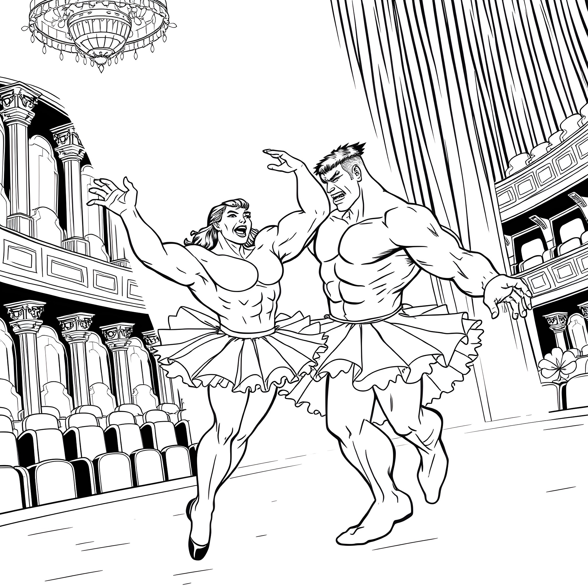 Hulk and muscular hero dancing on stage Coloring Page (free black-and-white line drawing printable PDF for all, from beginners to advanced learners, including children, teens, adults, and seniors)