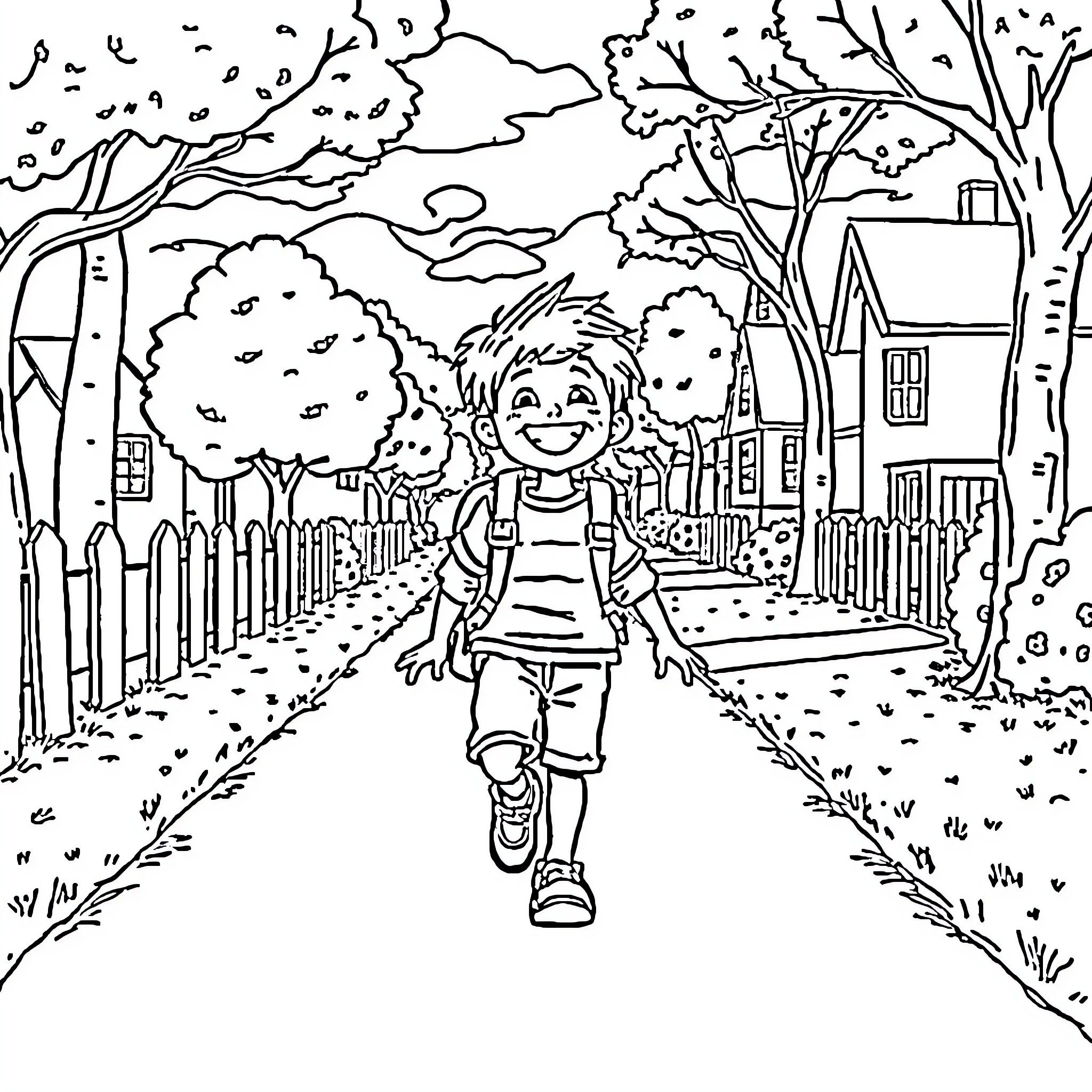 Child walking cheerfully down a neighborhood path Coloring Page (free black-and-white line drawing printable PDF for all, from beginners to advanced learners, including children, teens, adults, and seniors)