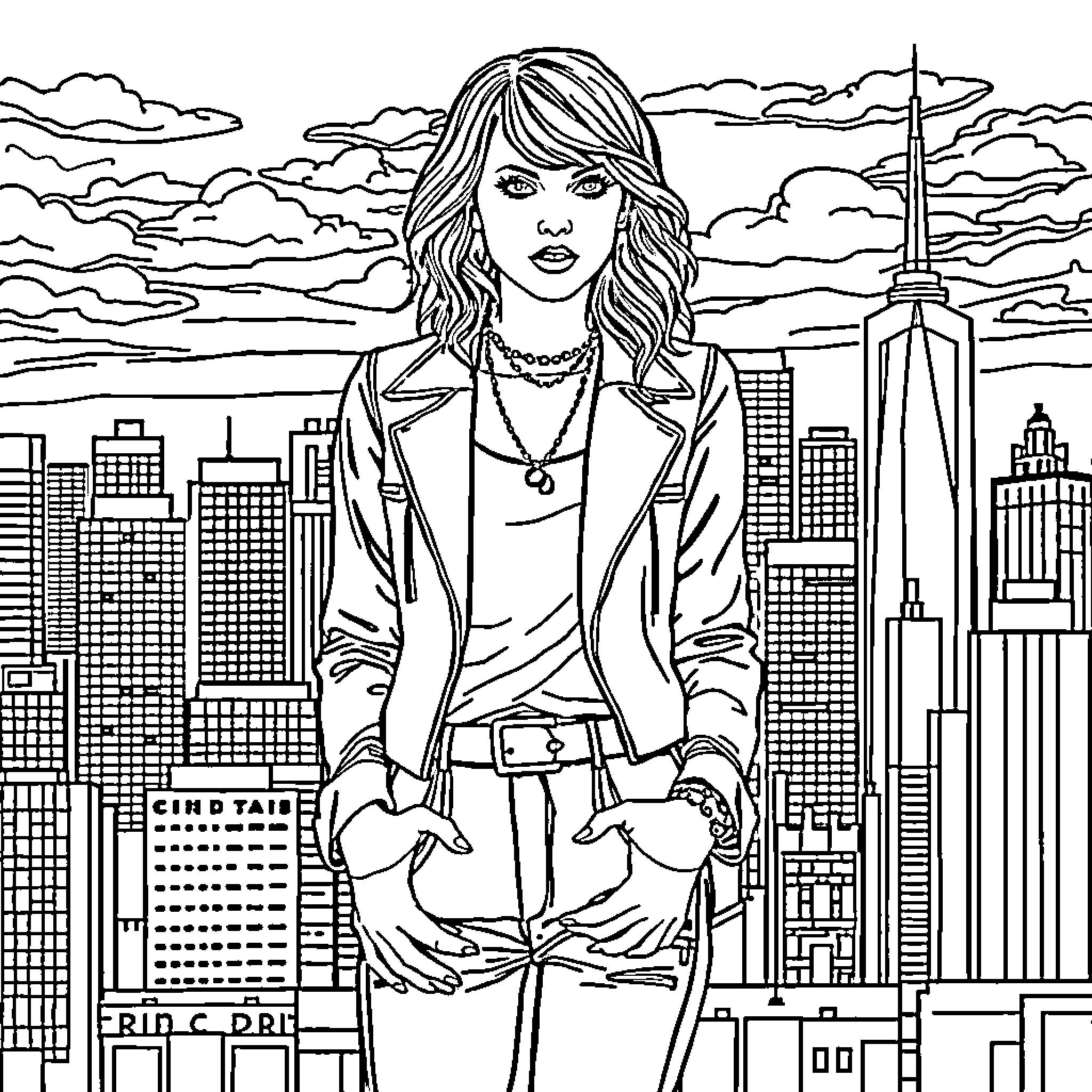 Taylor Swift Posing Confidently in the City Coloring Page (free black-and-white line drawing printable PDF for all, from beginners to advanced learners, including children, teens, adults, and seniors)