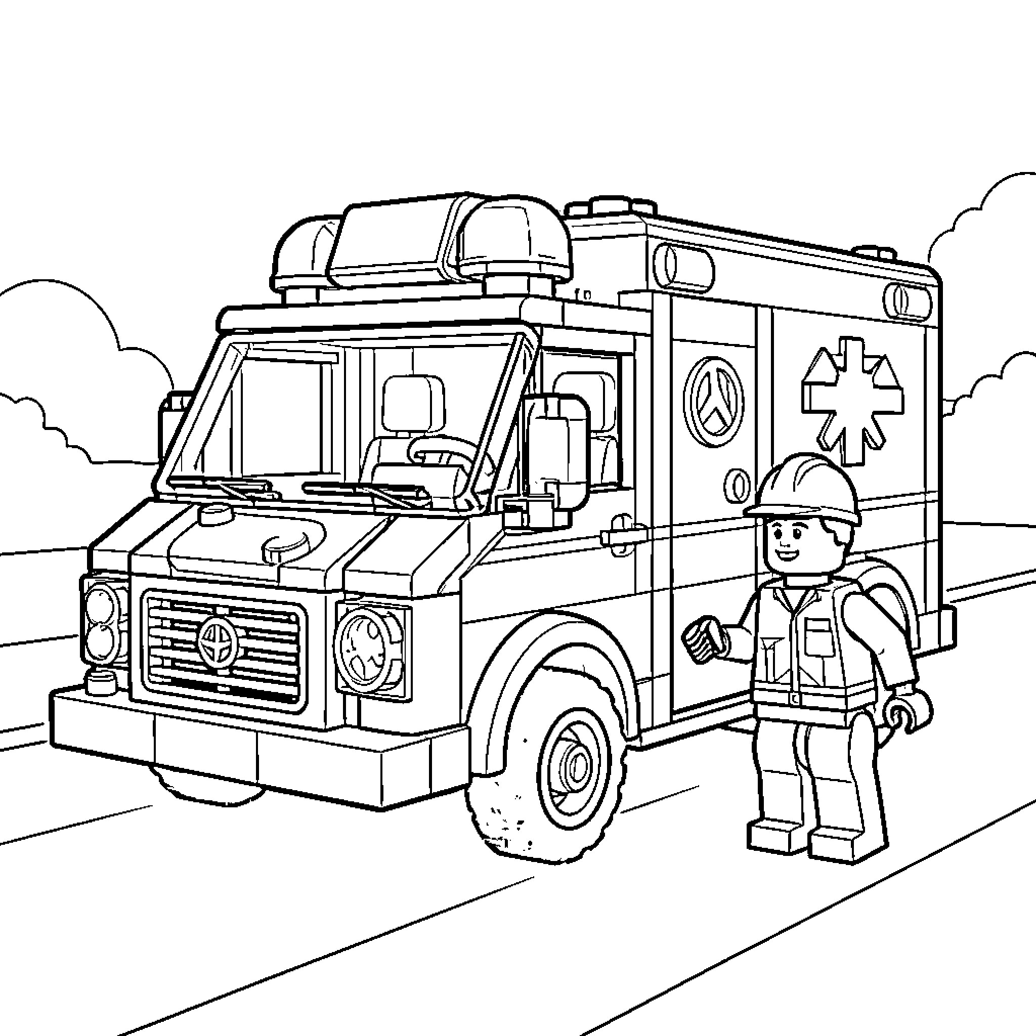 Ambulance responding to emergency call Coloring Page (free black-and-white line drawing printable PDF for all, from beginners to advanced learners, including children, teens, adults, and seniors)