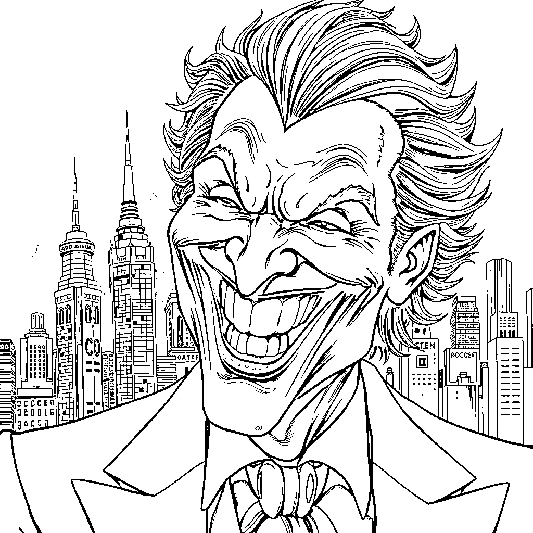 Joker's Manic Grin over the City Skyline Coloring Page (free black-and-white line drawing printable PDF for all, from beginners to advanced learners, including children, teens, adults, and seniors)