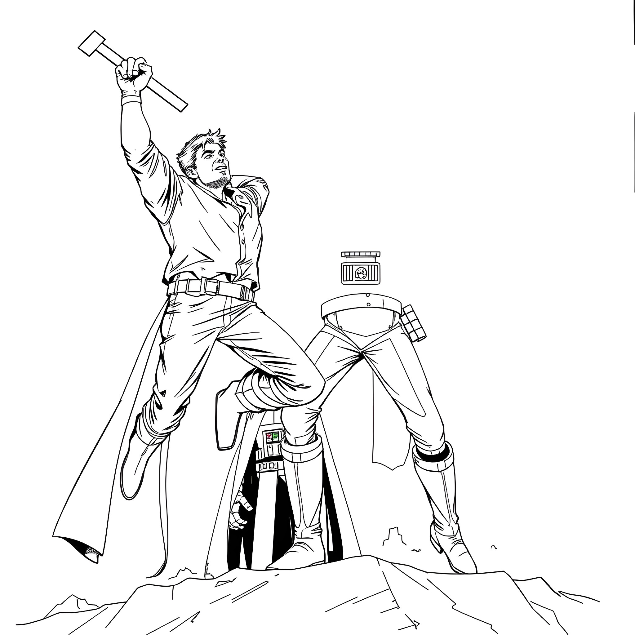 Gordon Freeman fighting heroically with crowbar Coloring Page (free black-and-white line drawing printable PDF for all, from beginners to advanced learners, including children, teens, adults, and seniors)