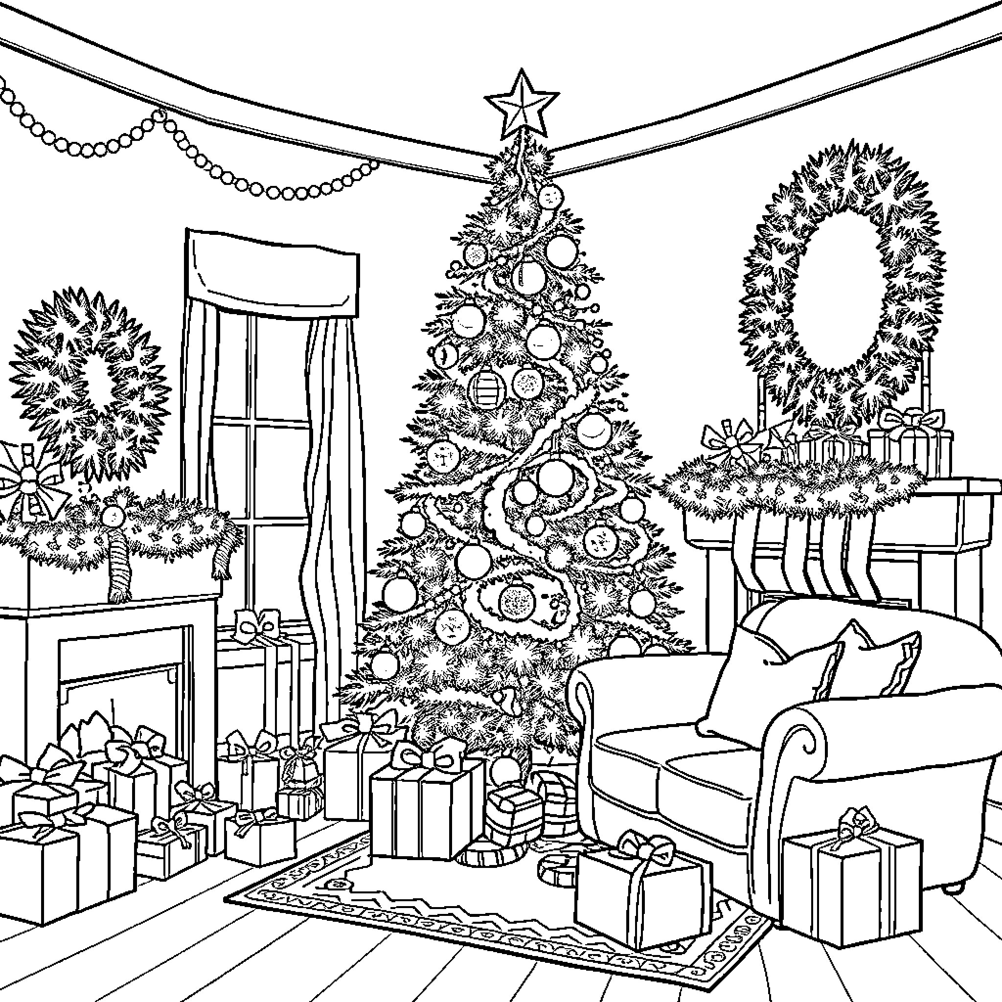Christmas Decorations and Festive Scene Coloring Page (free black-and-white line drawing printable PDF for all, from beginners to advanced learners, including children, teens, adults, and seniors)