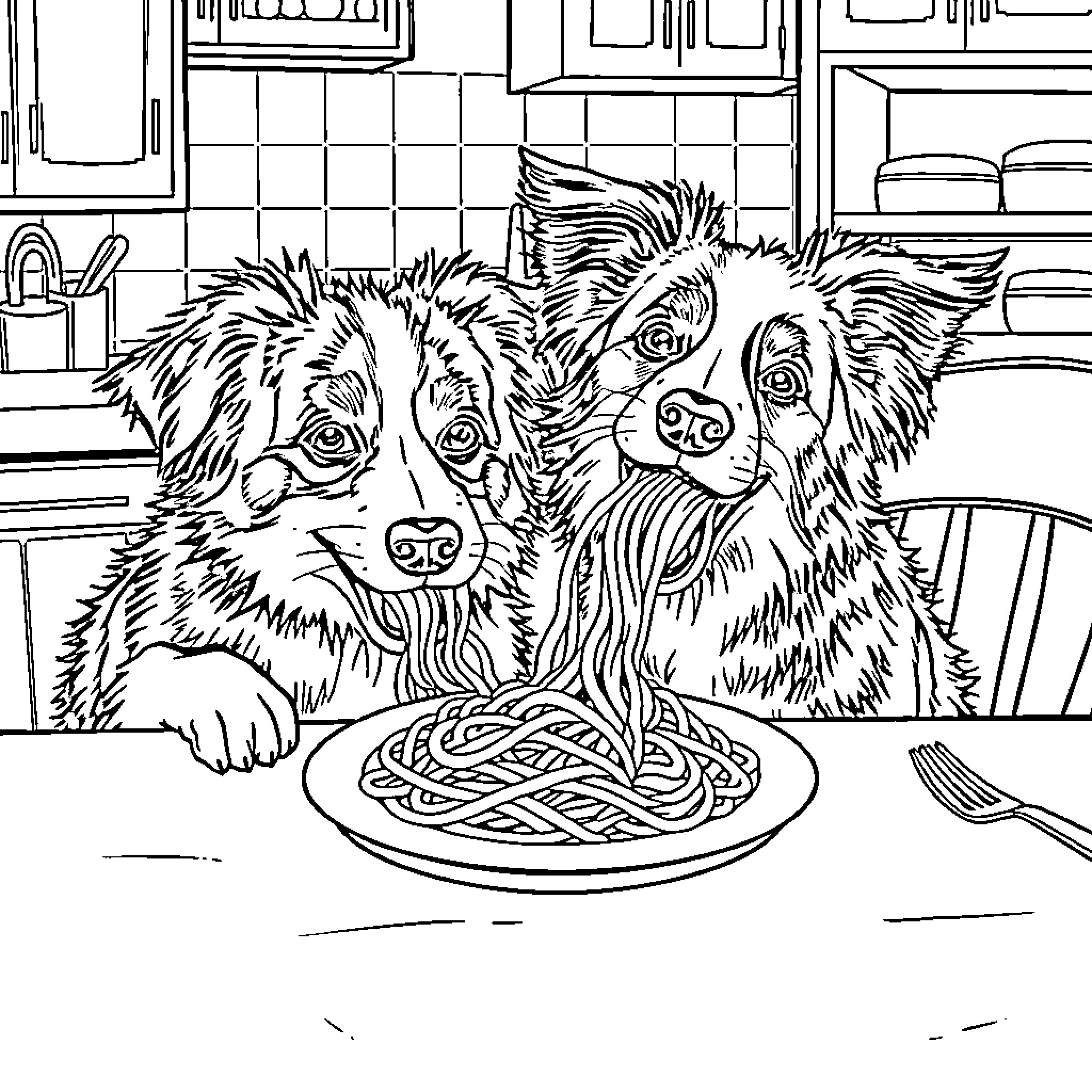 Border Collie Enjoying Spaghetti Dinner with Friend Coloring Page (free black-and-white line drawing printable PDF for all, from beginners to advanced learners, including children, teens, adults, and seniors)